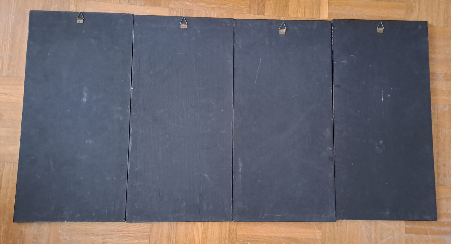 4 Panneaux De Laque Marquetés Instration De Nacre.Bord De Rivière Animée.