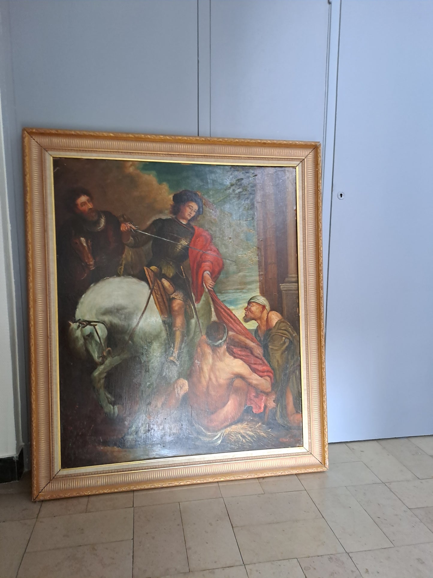 Tableau Saint-Martin et le mendiant d'après Van Dick. Signé. 125cm X 107 cm. Ancien vintage catholique sacré-coeur.