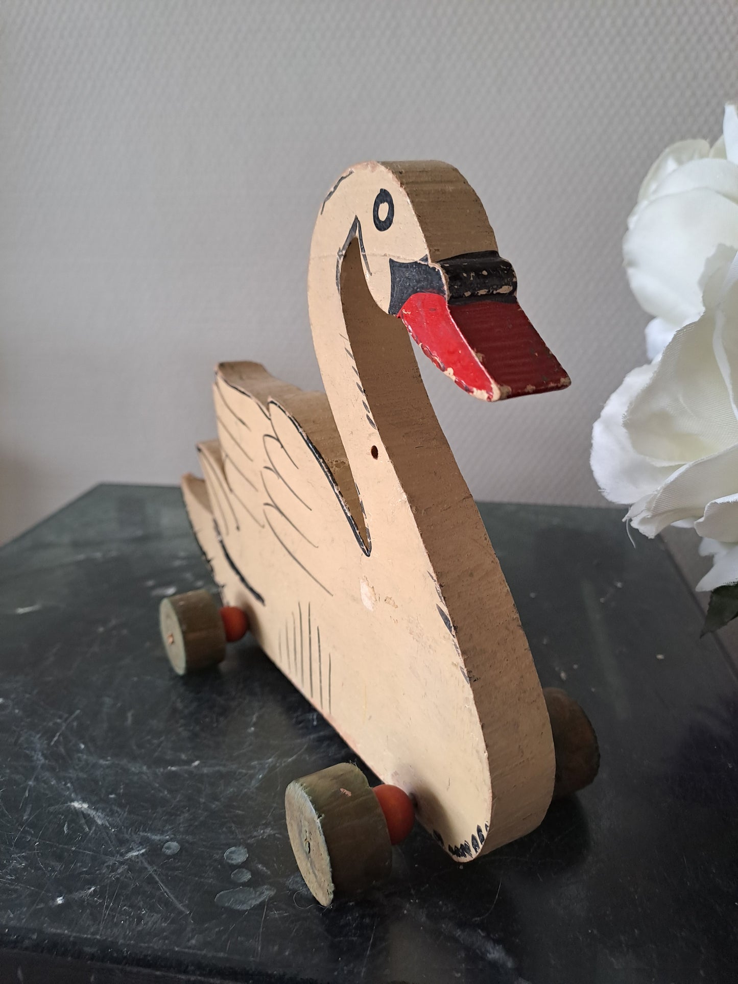 Jouet ancien. Cygne En Bois peint. Vintage.