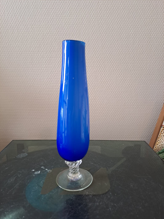 Vase Soliflore tige Torsadée. Rare. Moretti. Empoli. Murano. Bleu Clair.