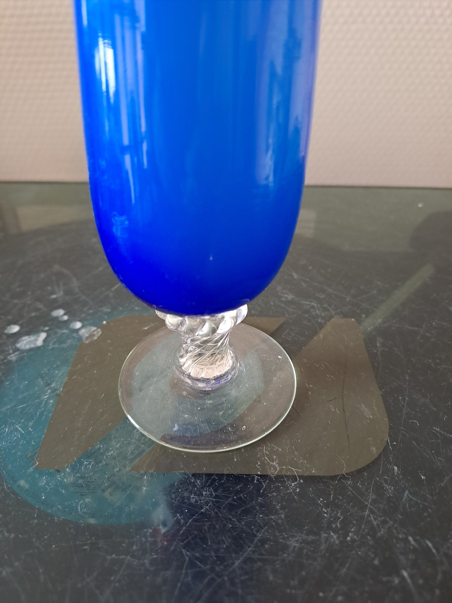 Vase Soliflore tige Torsadée. Rare. Moretti. Empoli. Murano. Bleu Clair.