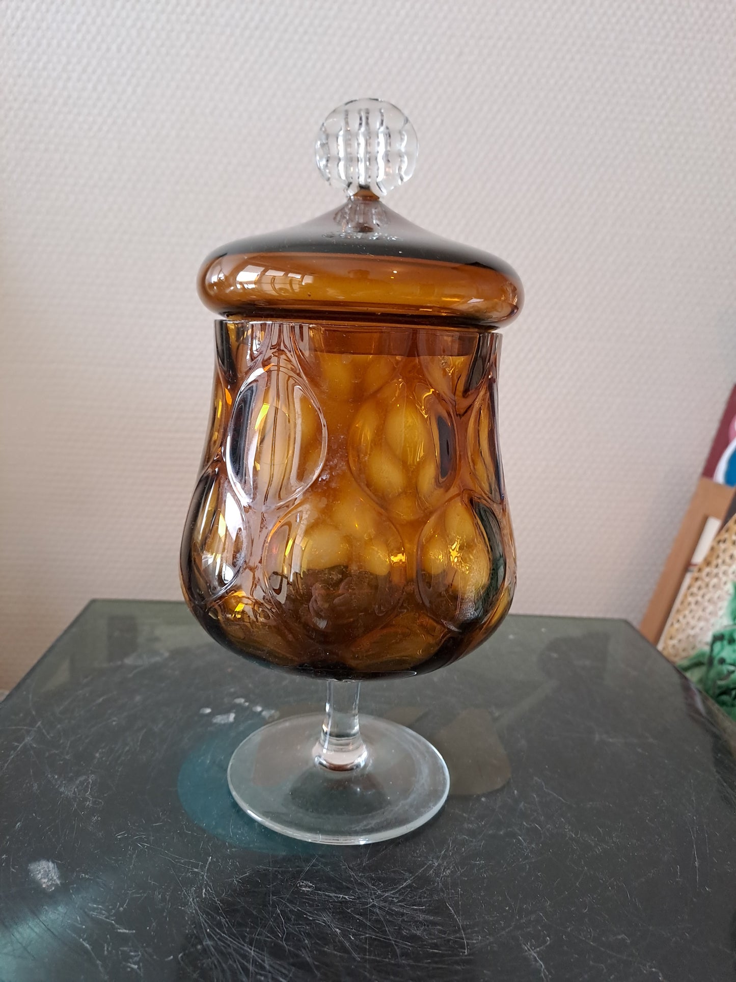 Bonbonnière / vase optique vintage. Fenton glass Moonstone optique. Empoli.