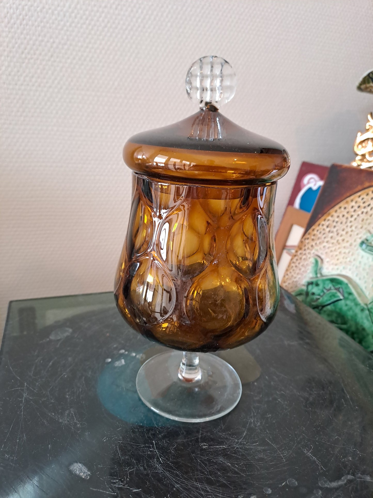 Bonbonnière / vase optique vintage. Fenton glass Moonstone optique. Empoli.