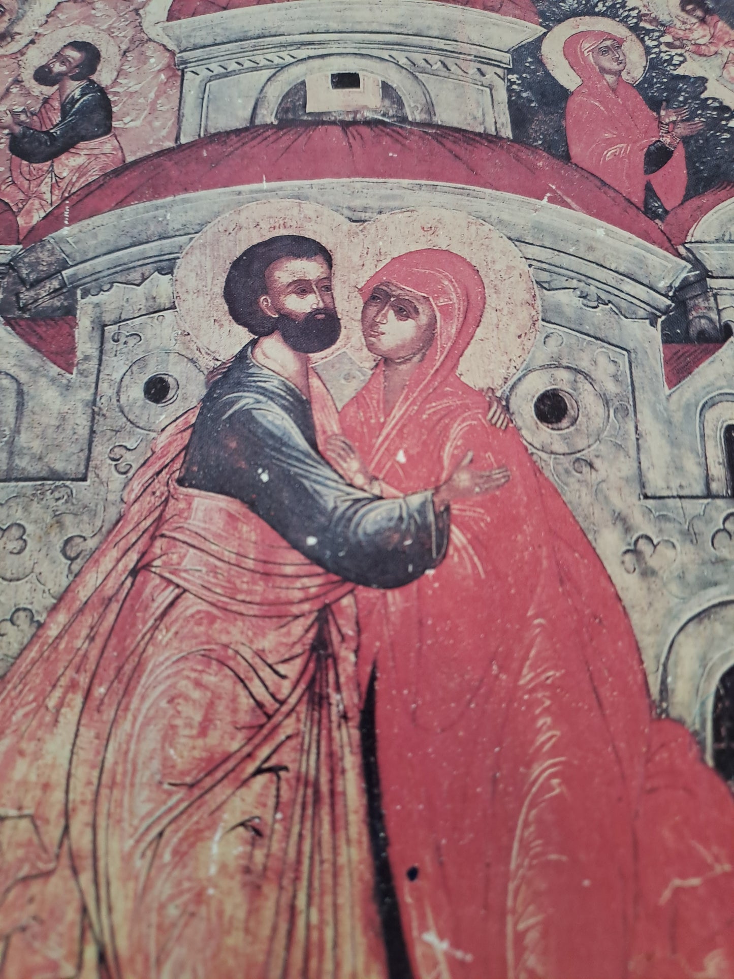 Icône. Retrouvailles à la porte d'or. Sainte-Anne et Saint-Joachin. Parents de la Sainte Vierge Marie