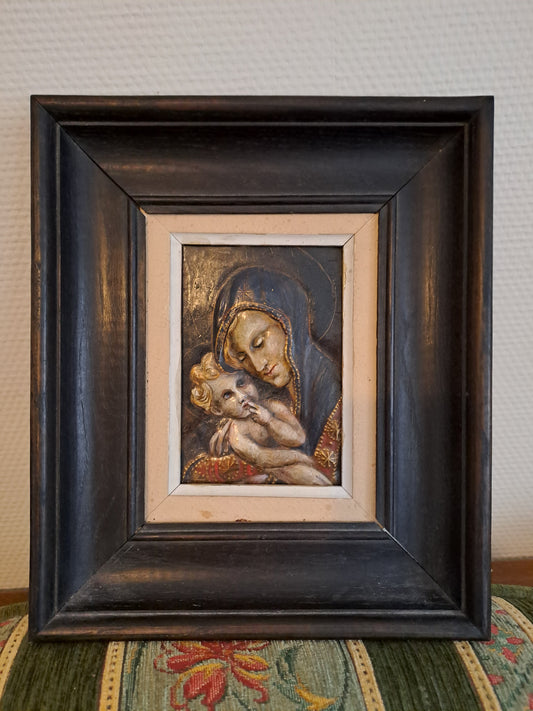 Tableau/ Cadre Vierge À L'Enfant Cuivre Repoussé polychrome. 30.5X 26 cm.