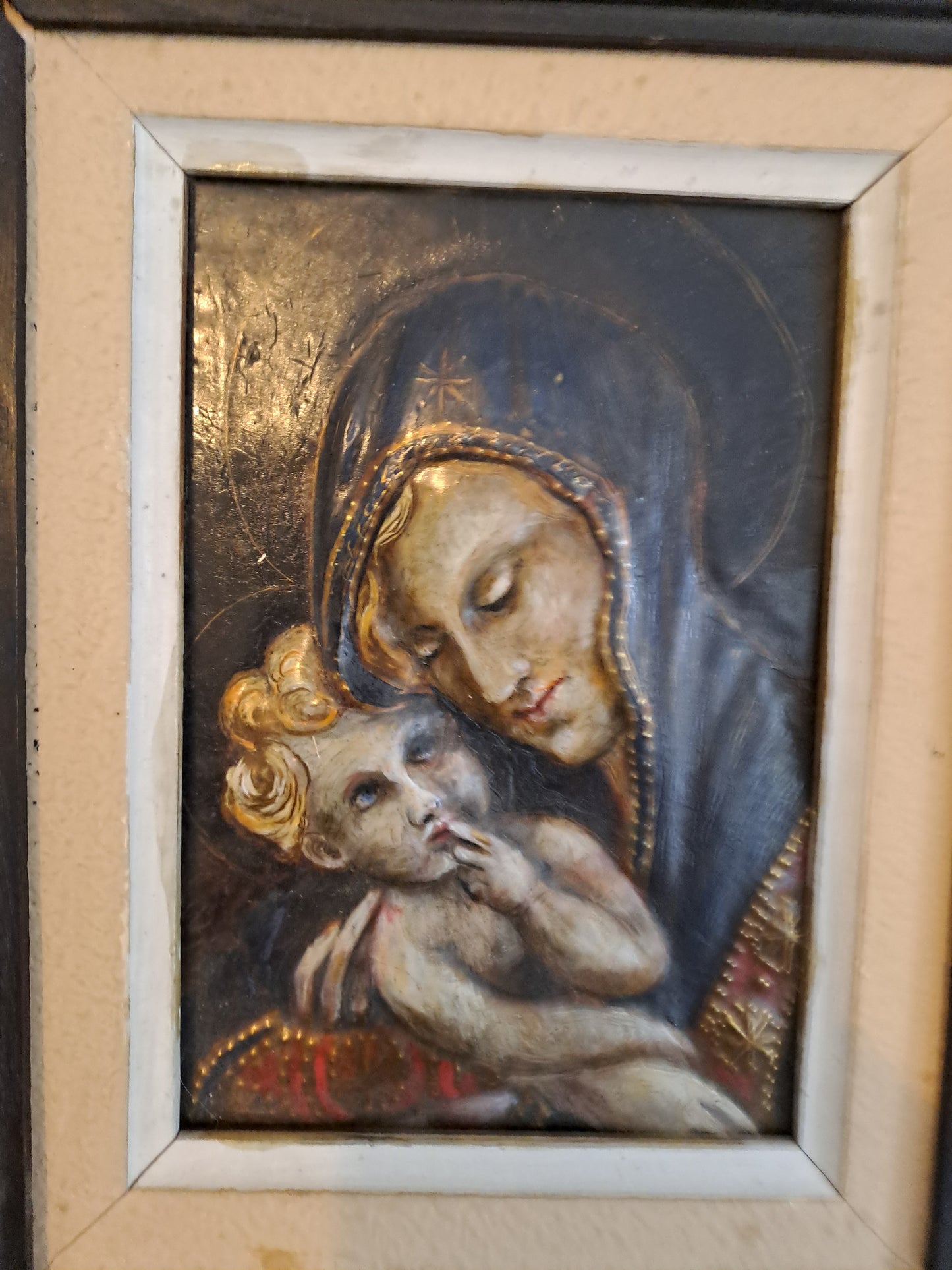 Tableau/ Cadre Vierge À L'Enfant Cuivre Repoussé polychrome. 30.5X 26 cm.