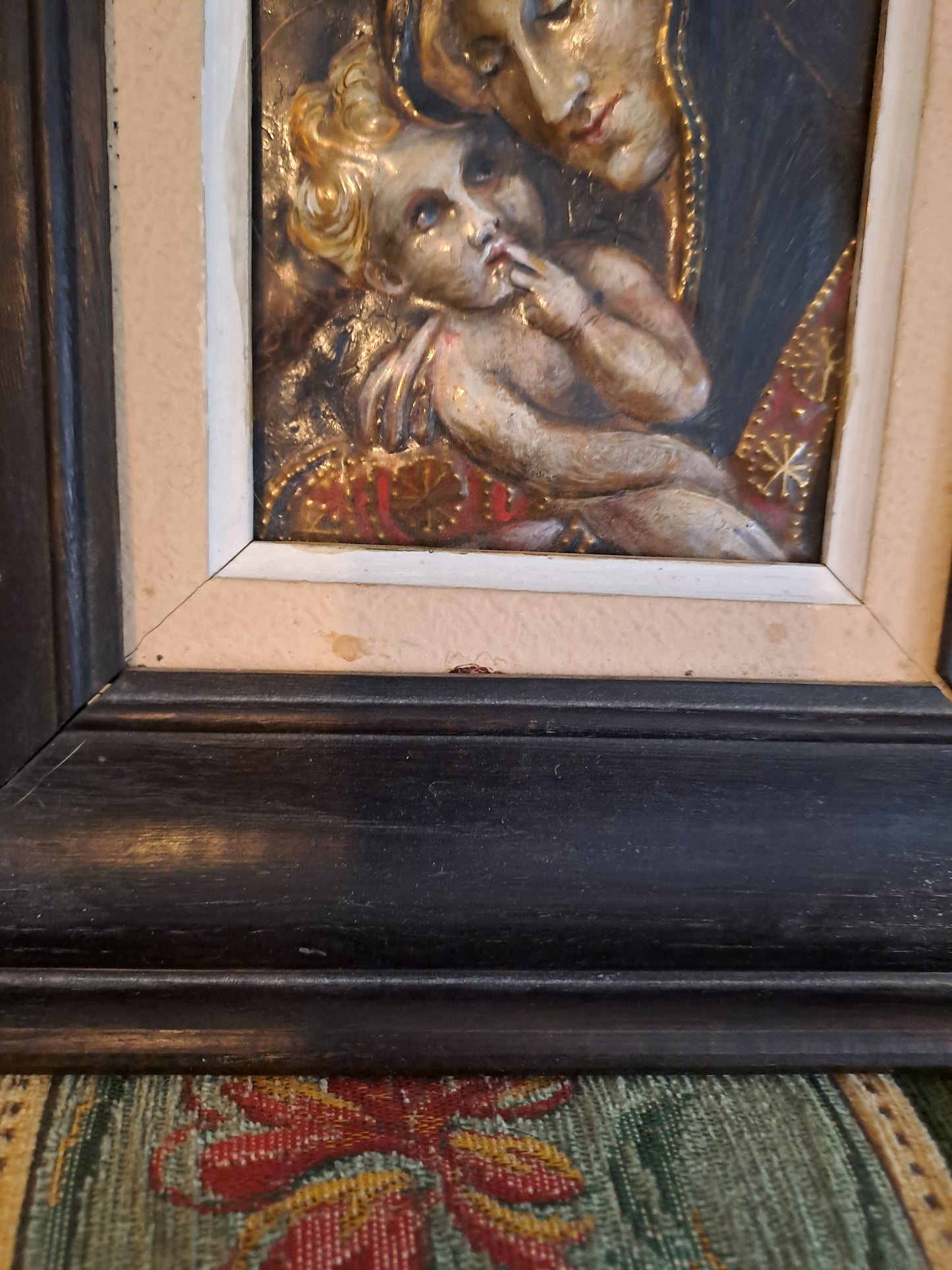 Tableau/ Cadre Vierge À L'Enfant Cuivre Repoussé polychrome. 30.5X 26 cm.