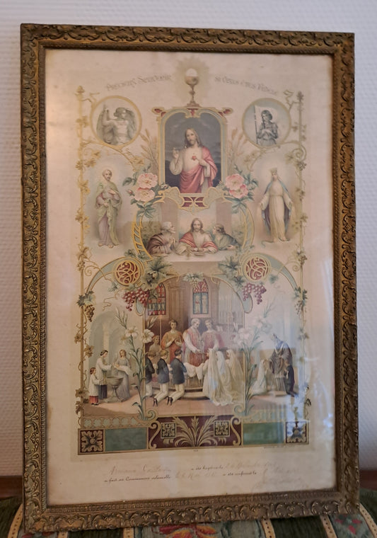 Gravure Religieuse Représentant Divers Sacrements De L'enfant. Cadre Vitré.