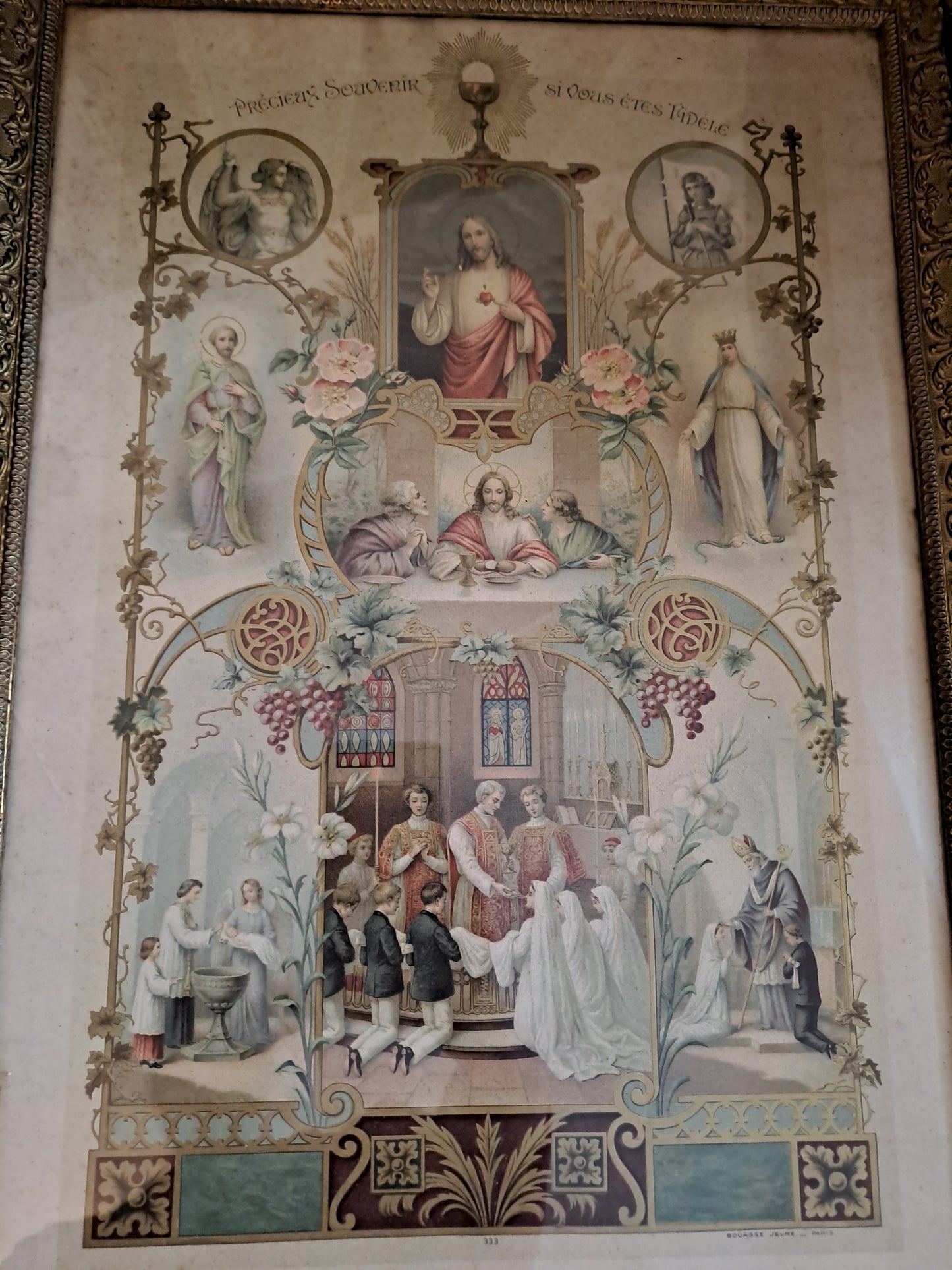 Gravure Religieuse Représentant Divers Sacrements De L'enfant. Cadre Vitré.