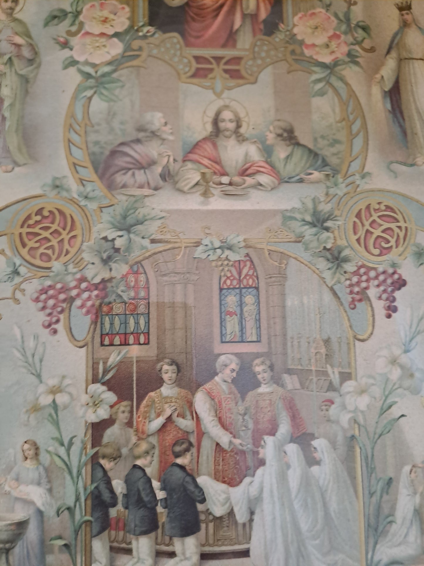 Gravure Religieuse Représentant Divers Sacrements De L'enfant. Cadre Vitré.