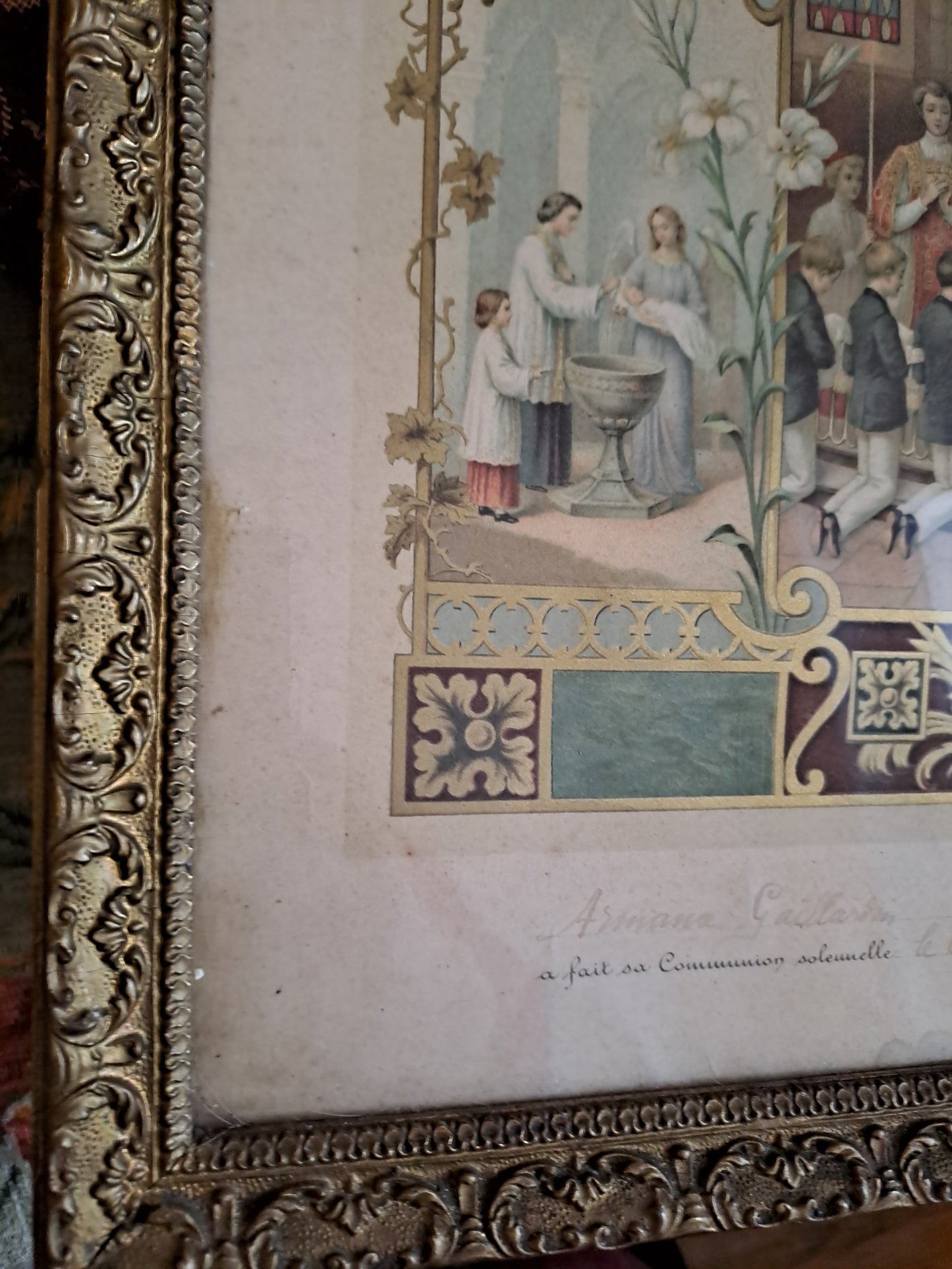 Gravure Religieuse Représentant Divers Sacrements De L'enfant. Cadre Vitré.