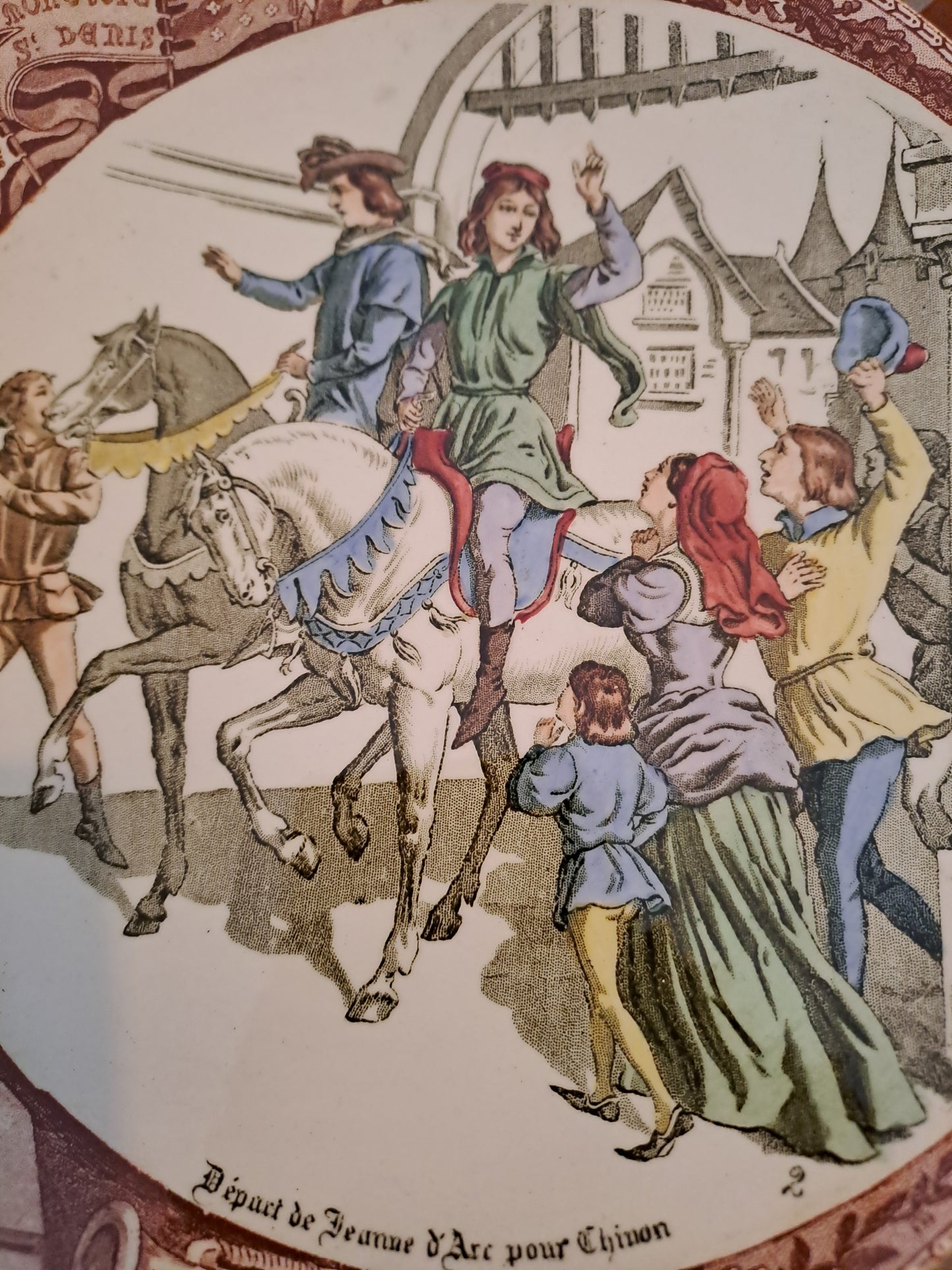 Assiette sarreguemines. Départ de Jeanne d'Arc pour Chinon. Ancien décoration vintage catholique