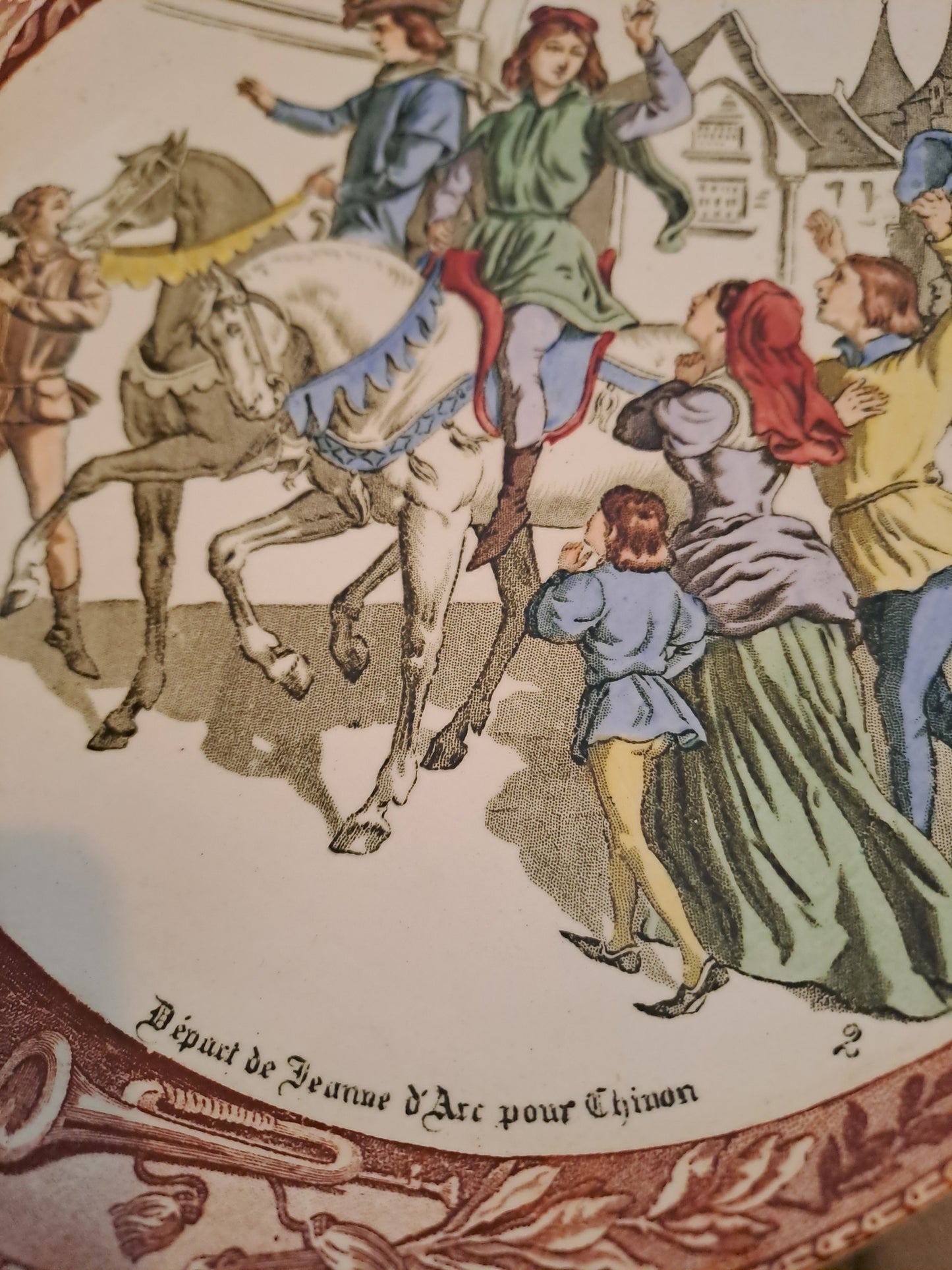 Assiette sarreguemines. Départ de Jeanne d'Arc pour Chinon. Ancien décoration vintage catholique