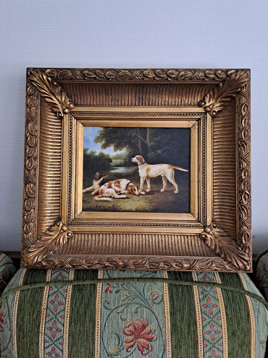 Tableau. Chiens Se Reposant Dans Un Sous-Bois. Huile Sur Panneau. 41 X 46.5 Cm.