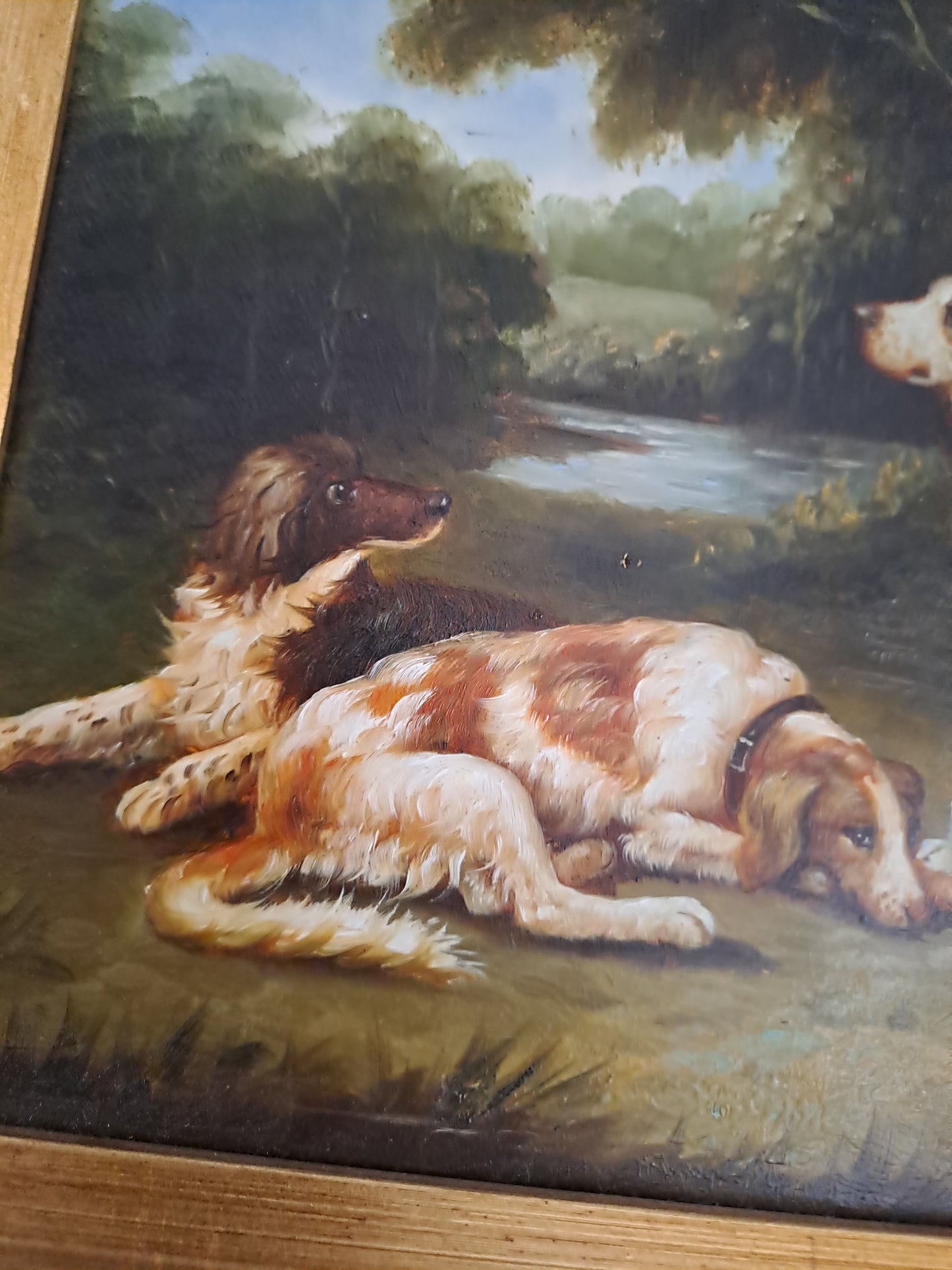Tableau. Chiens Se Reposant Dans Un Sous-Bois. Huile Sur Panneau. 41 X 46.5 Cm.