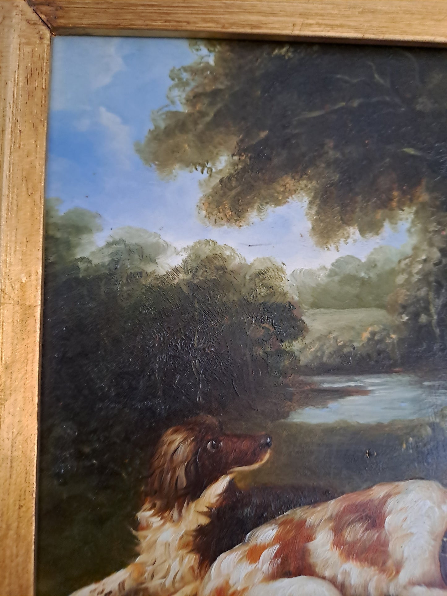 Tableau. Chiens Se Reposant Dans Un Sous-Bois. Huile Sur Panneau. 41 X 46.5 Cm.