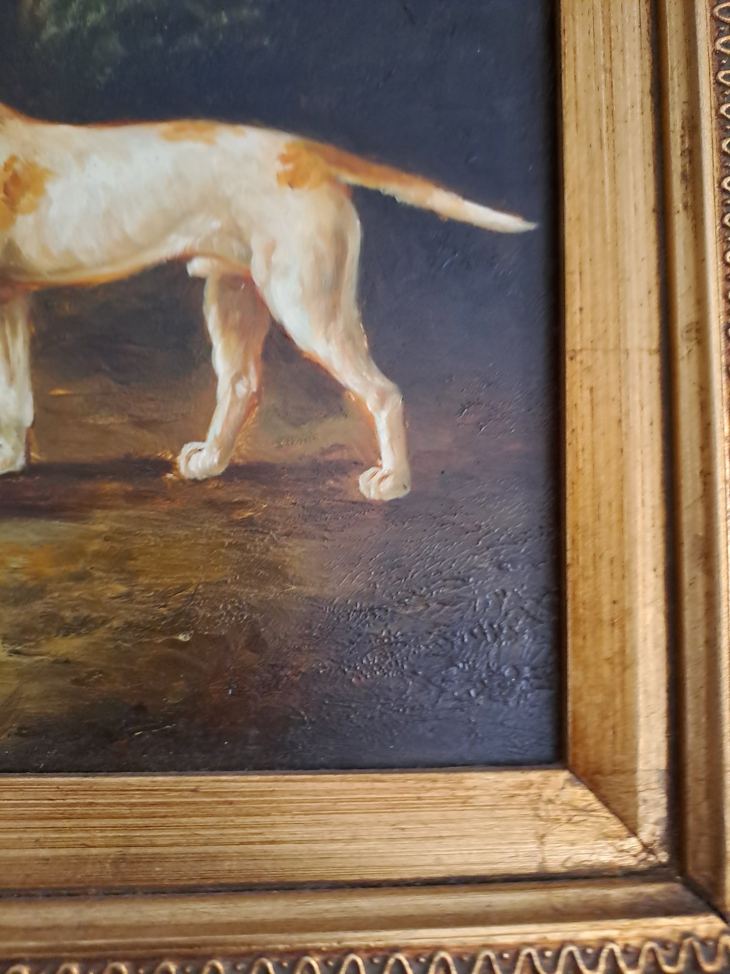 Tableau. Chiens Se Reposant Dans Un Sous-Bois. Huile Sur Panneau. 41 X 46.5 Cm.