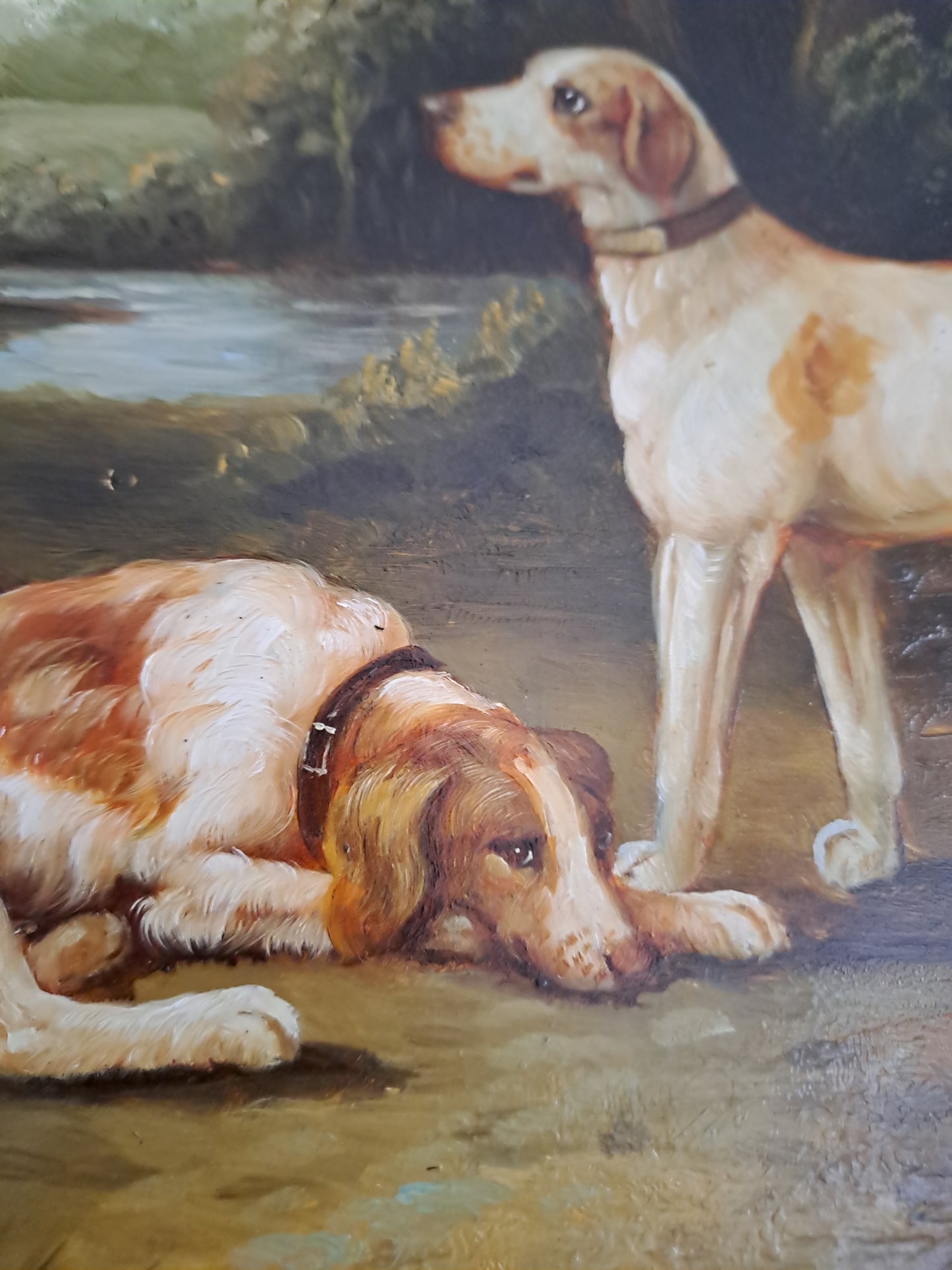 Tableau. Chiens Se Reposant Dans Un Sous-Bois. Huile Sur Panneau. 41 X 46.5 Cm.