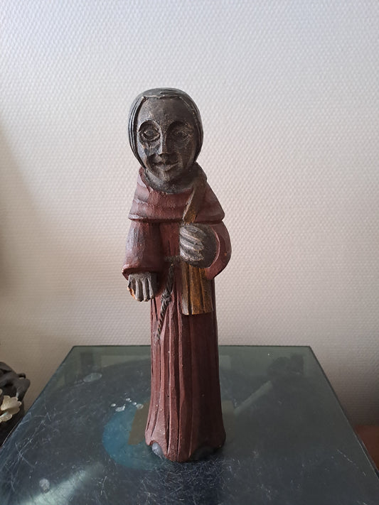 Statue En Bois Polychrome. Signé.  Saint Moine.