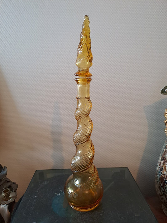 Décanteur/ Bouteille En Verre Moulé D'Empoli. Jaune Ambré. 43.5 Cm.