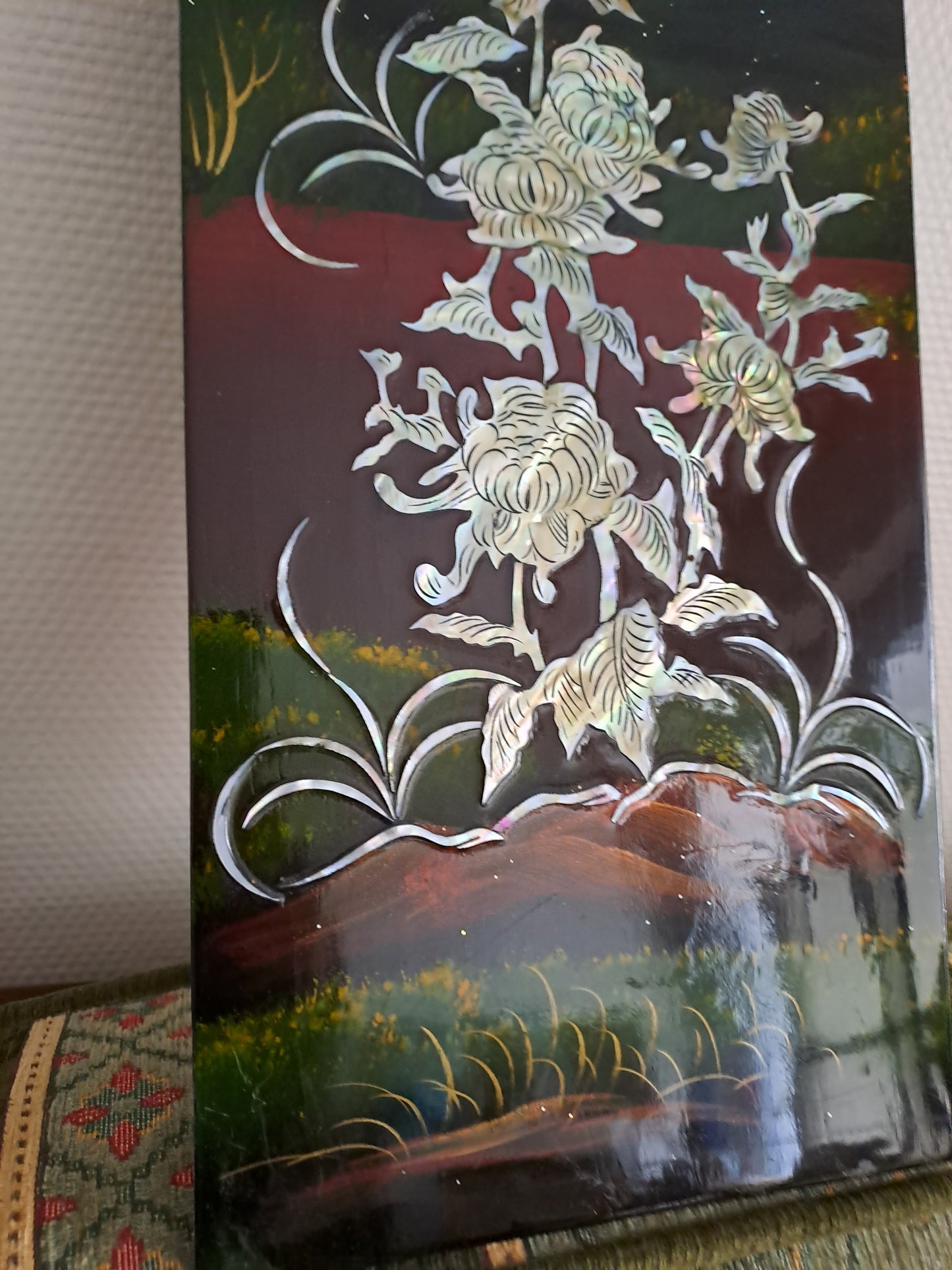 Panneau De Laque Marquetés Instration De Nacre. Fleurs Papillons Soleil. Ancien décoration vintage