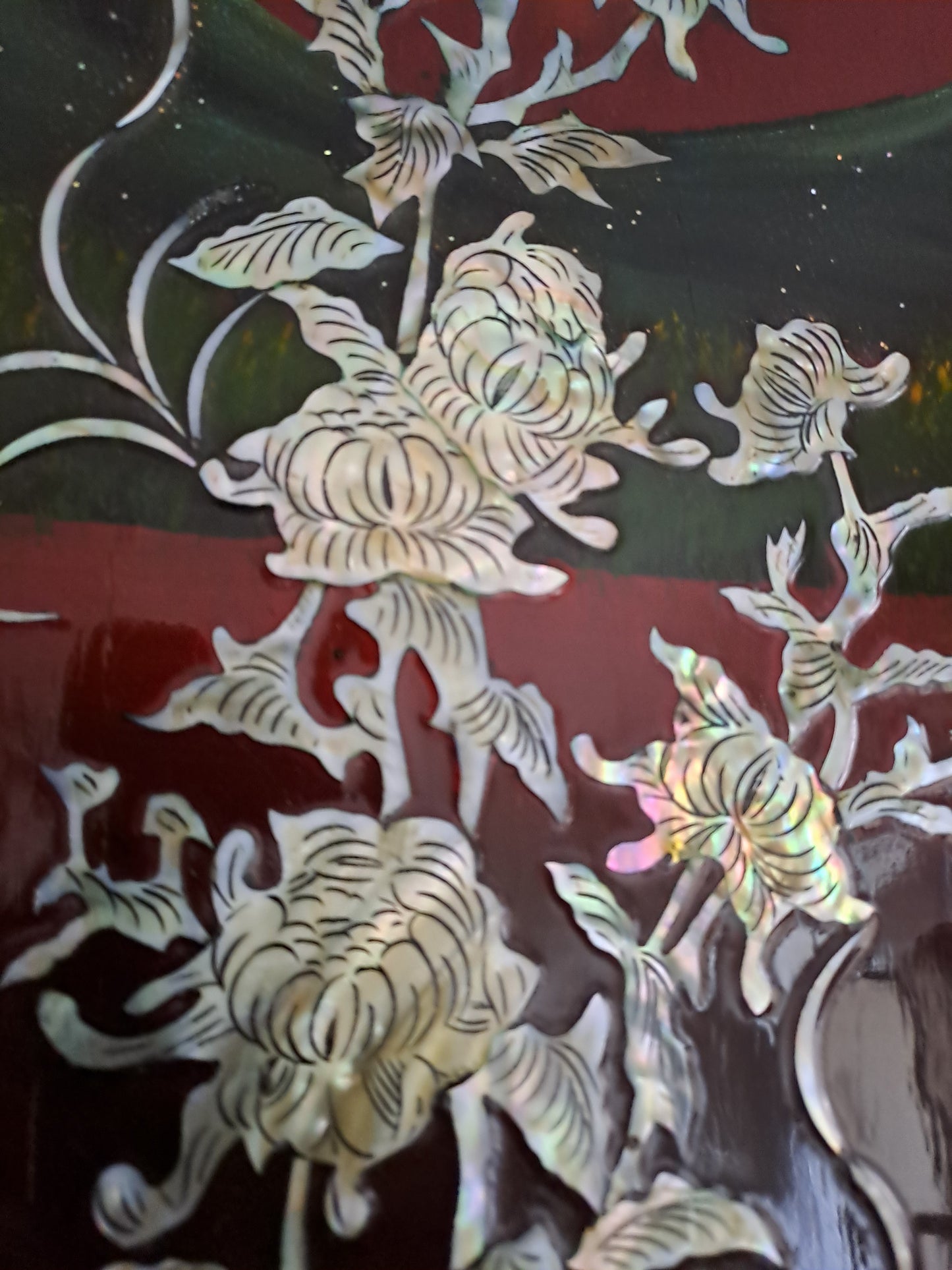 Panneau De Laque Marquetés Instration De Nacre. Fleurs Papillons Soleil. Ancien décoration vintage