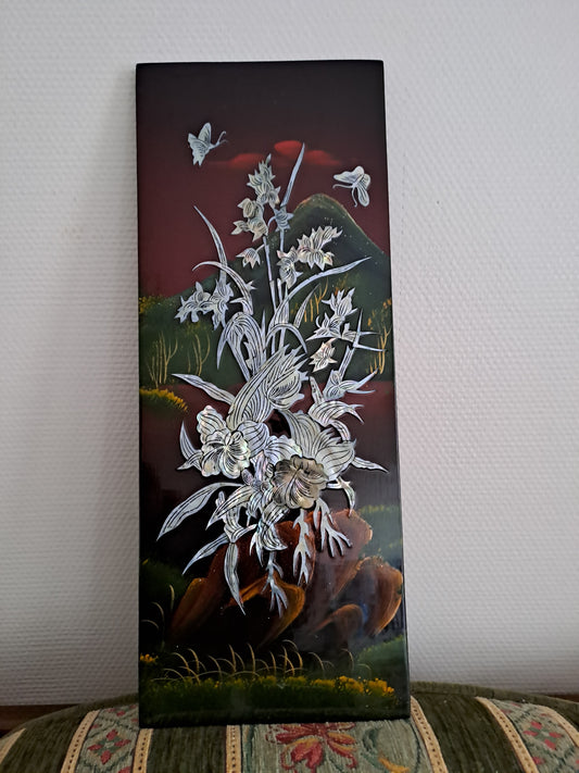 Panneau De Laque Marquetés Instration De Nacre. Fleurs Et Papillons. Ancien décoration vintage.