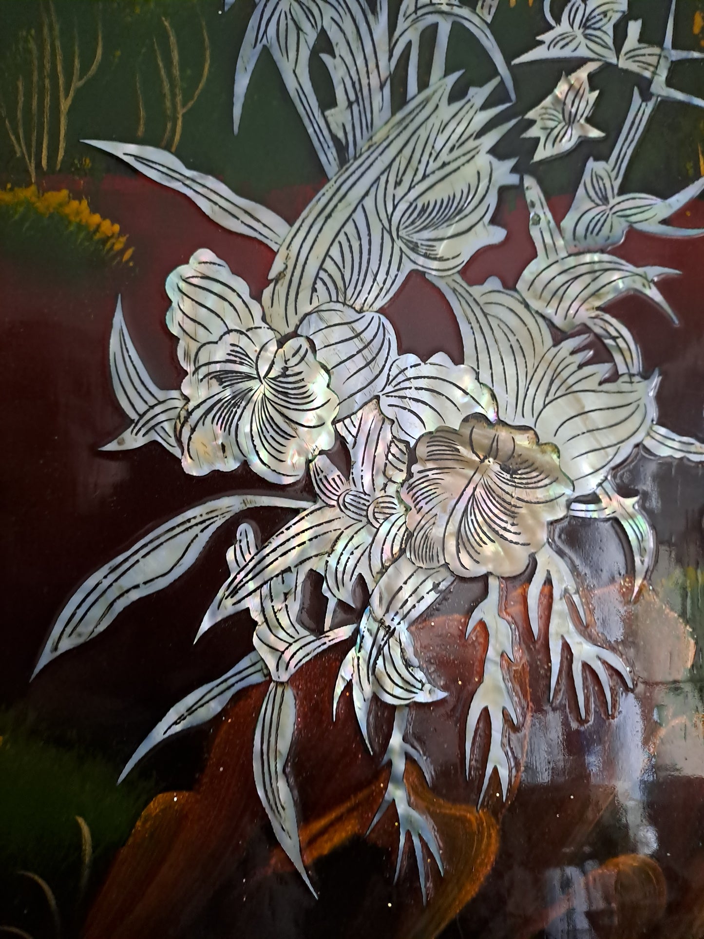 Panneau De Laque Marquetés Instration De Nacre. Fleurs Et Papillons. Ancien décoration vintage.