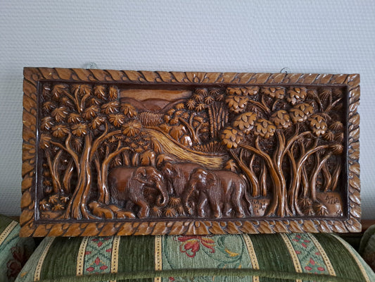 Statue / cadre Éléphants En Bois Exotique. Sculpté. Ancien décoration Vintage