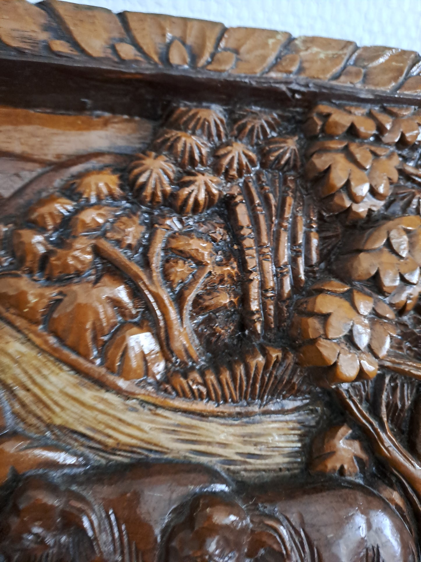 Statue / cadre Éléphants En Bois Exotique. Sculpté. Ancien décoration Vintage