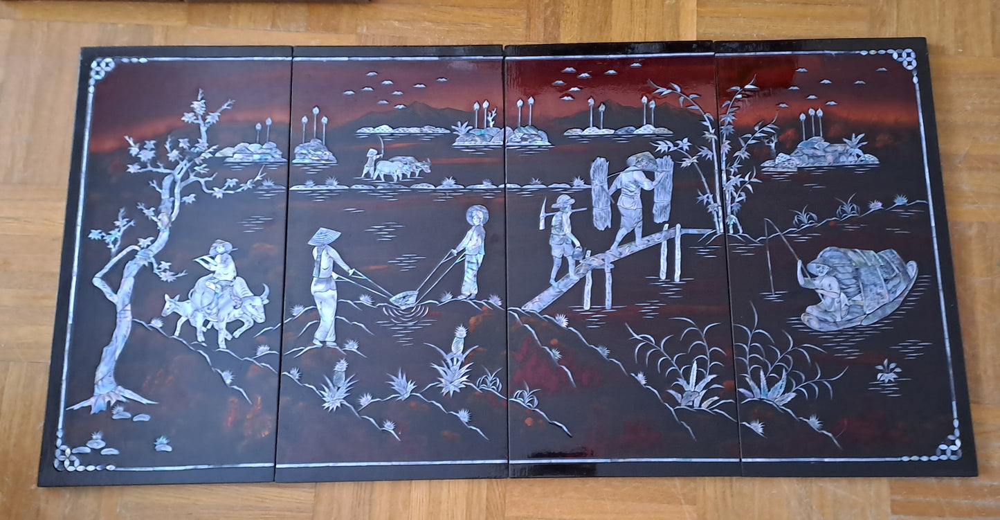 4 Panneaux De Laque Marquetés Instration De Nacre.Bord De Rivière Animée.