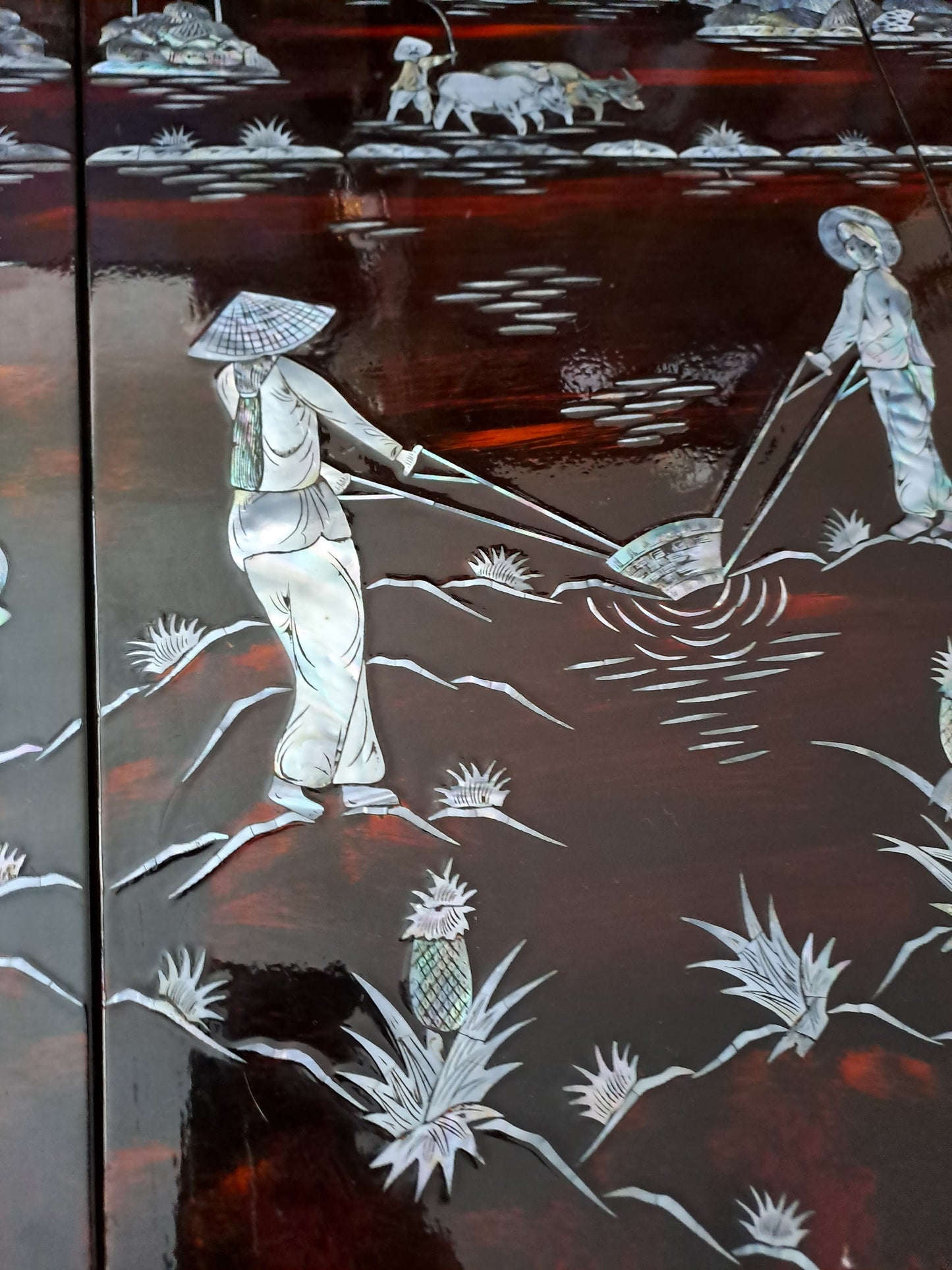 4 Panneaux De Laque Marquetés Instration De Nacre.Bord De Rivière Animée.