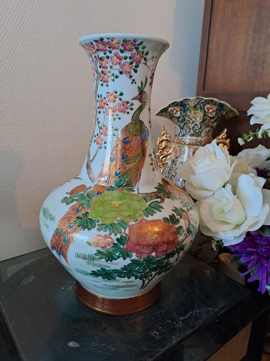 Pied De Lampe. Paon Cerisier Fleurs. Ceramique Craquelée. Asiatique.