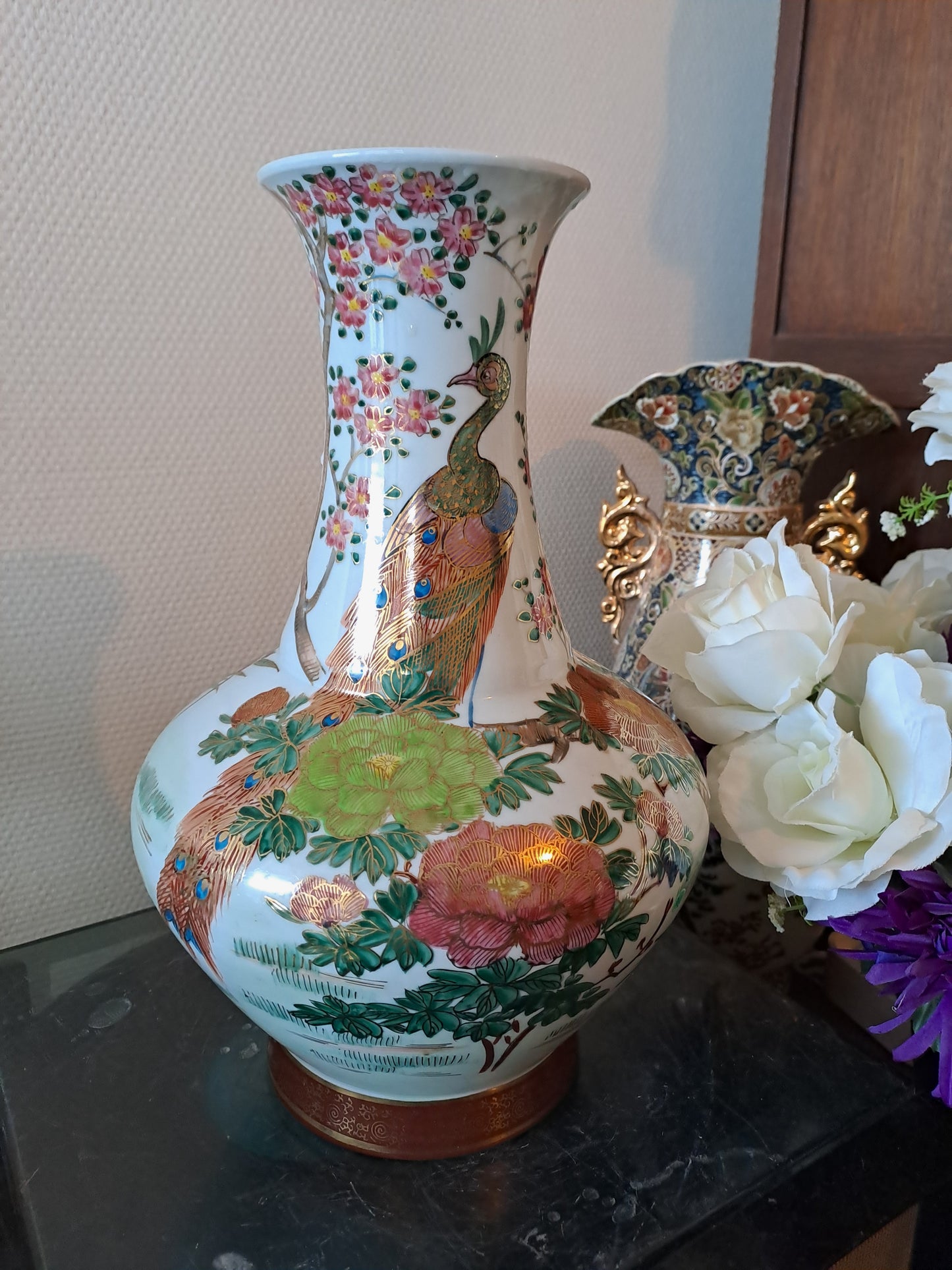 Pied De Lampe. Paon Cerisier Fleurs. Ceramique Craquelée. Asiatique.