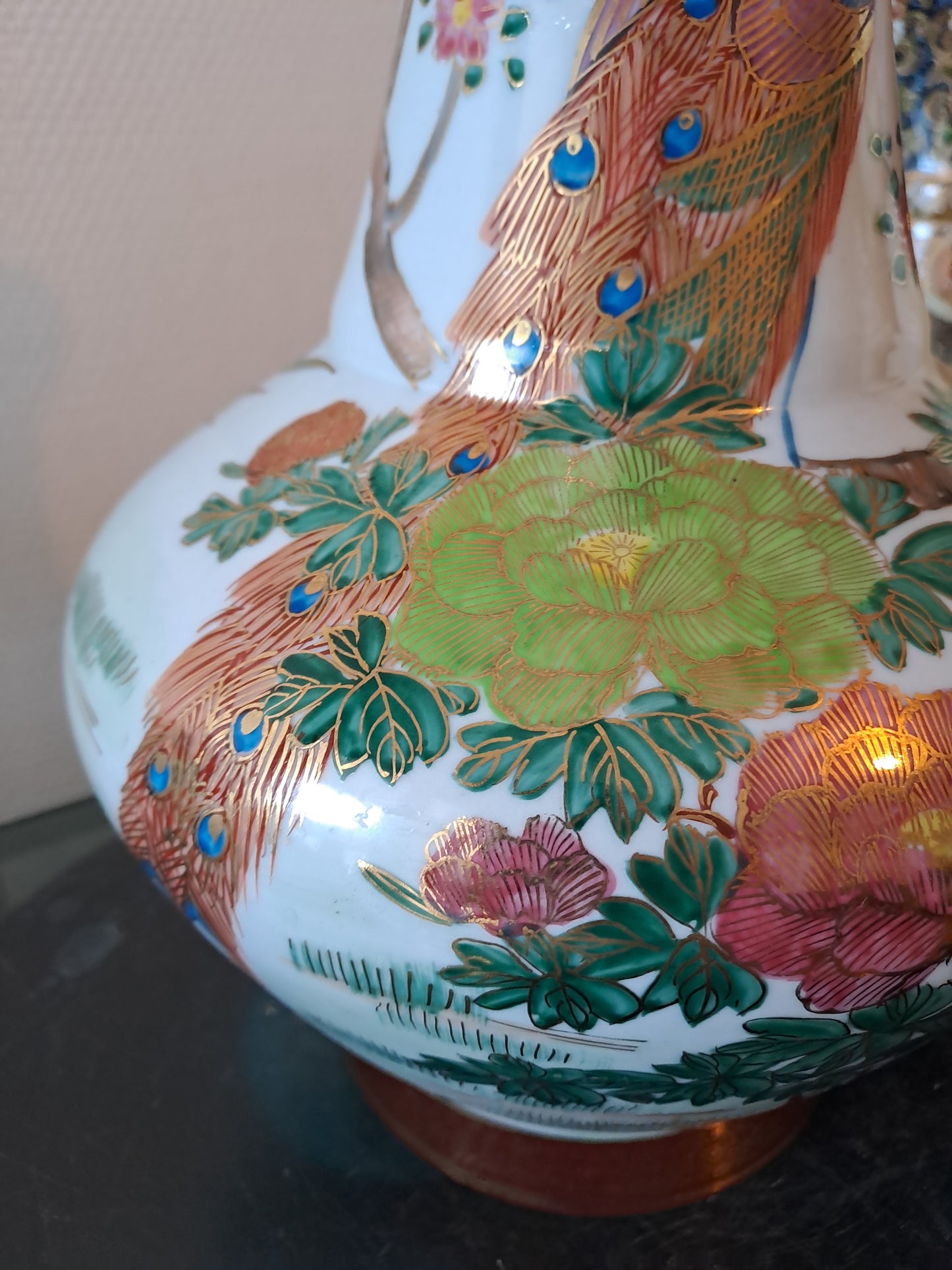 Pied De Lampe. Paon Cerisier Fleurs. Ceramique Craquelée. Asiatique.