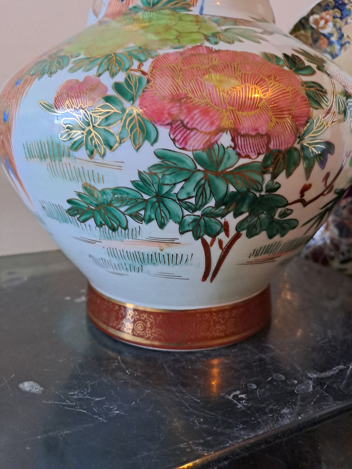 Pied De Lampe. Paon Cerisier Fleurs. Ceramique Craquelée. Asiatique.