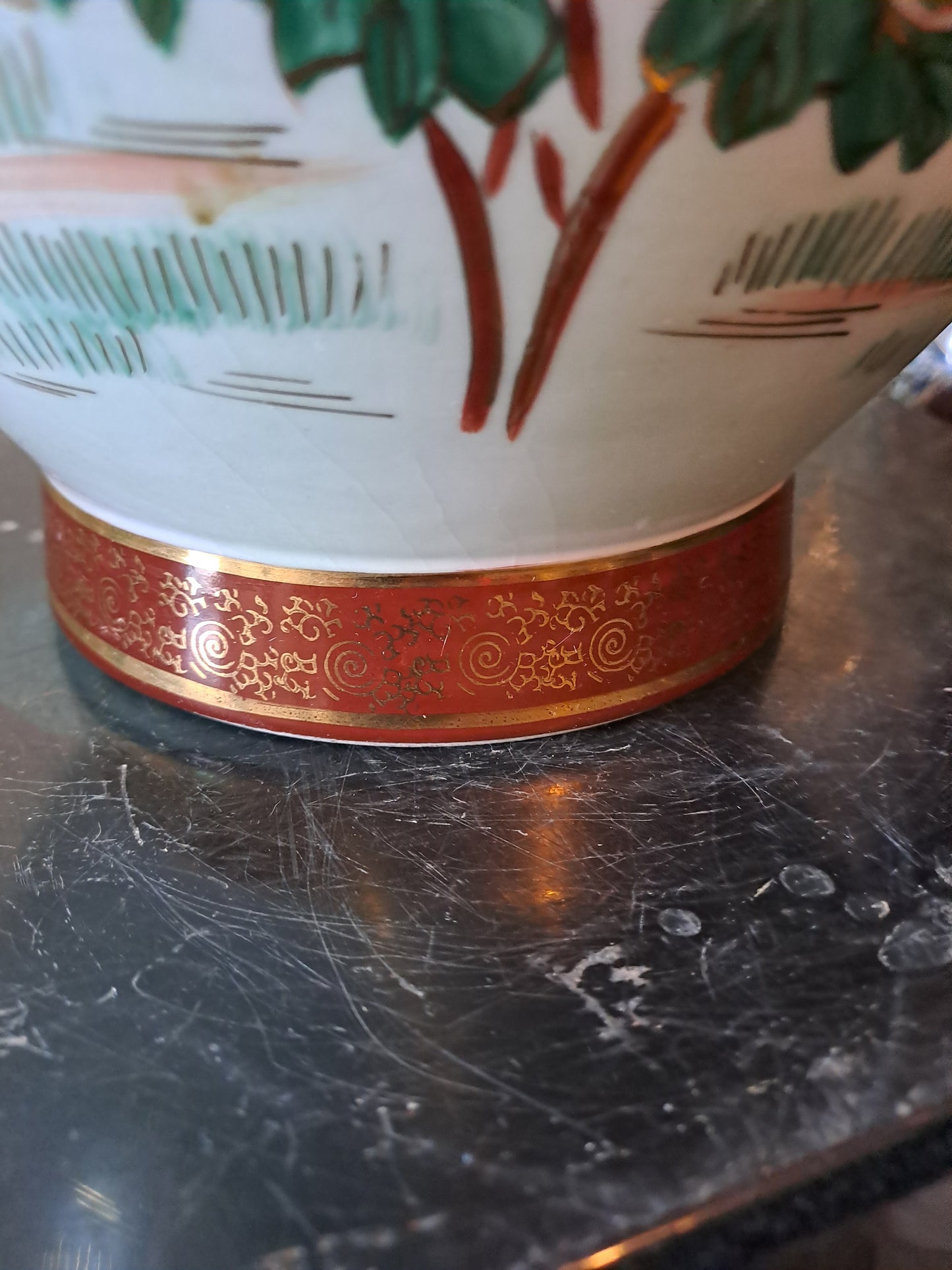 Pied De Lampe. Paon Cerisier Fleurs. Ceramique Craquelée. Asiatique.