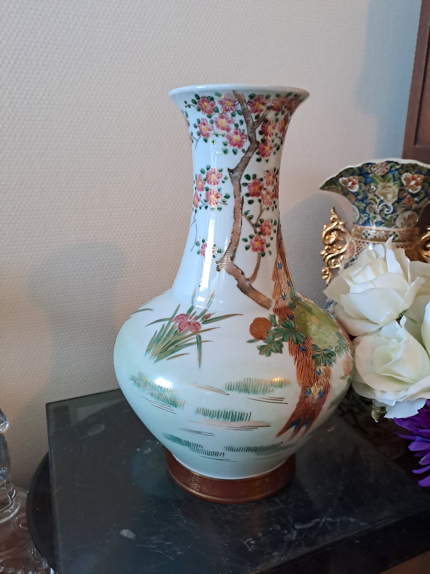 Pied De Lampe. Paon Cerisier Fleurs. Ceramique Craquelée. Asiatique.