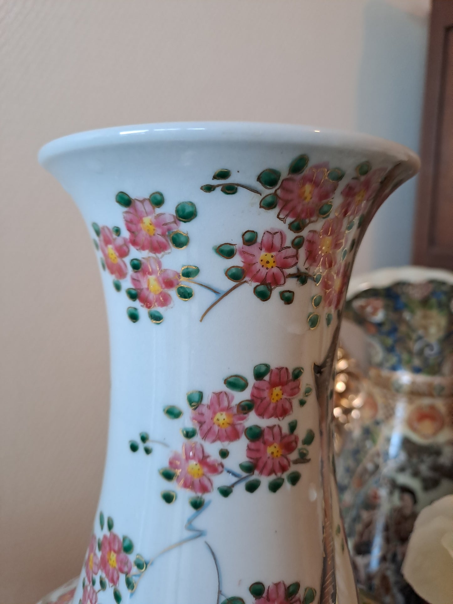 Pied De Lampe. Paon Cerisier Fleurs. Ceramique Craquelée. Asiatique.