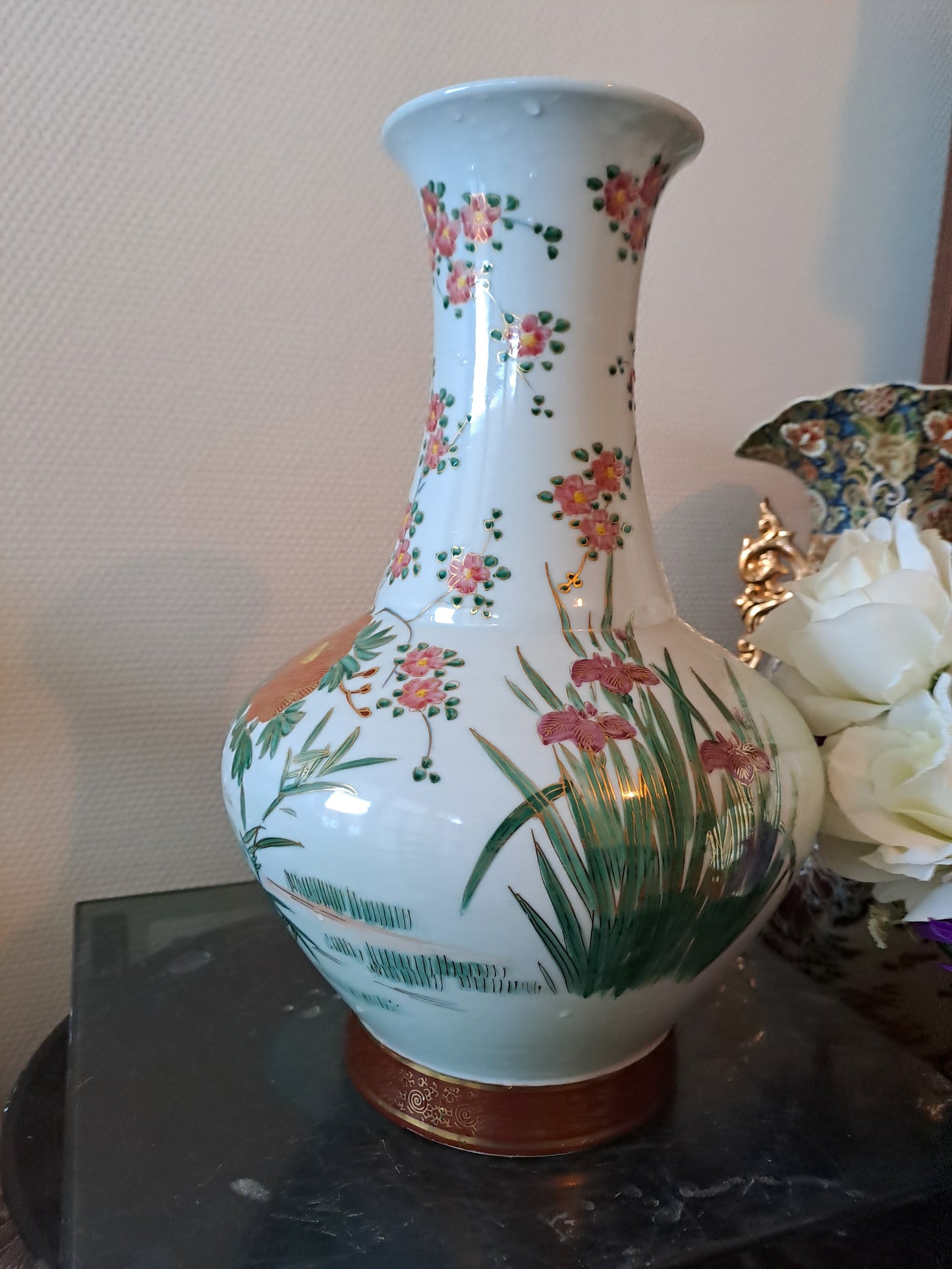 Pied De Lampe. Paon Cerisier Fleurs. Ceramique Craquelée. Asiatique.