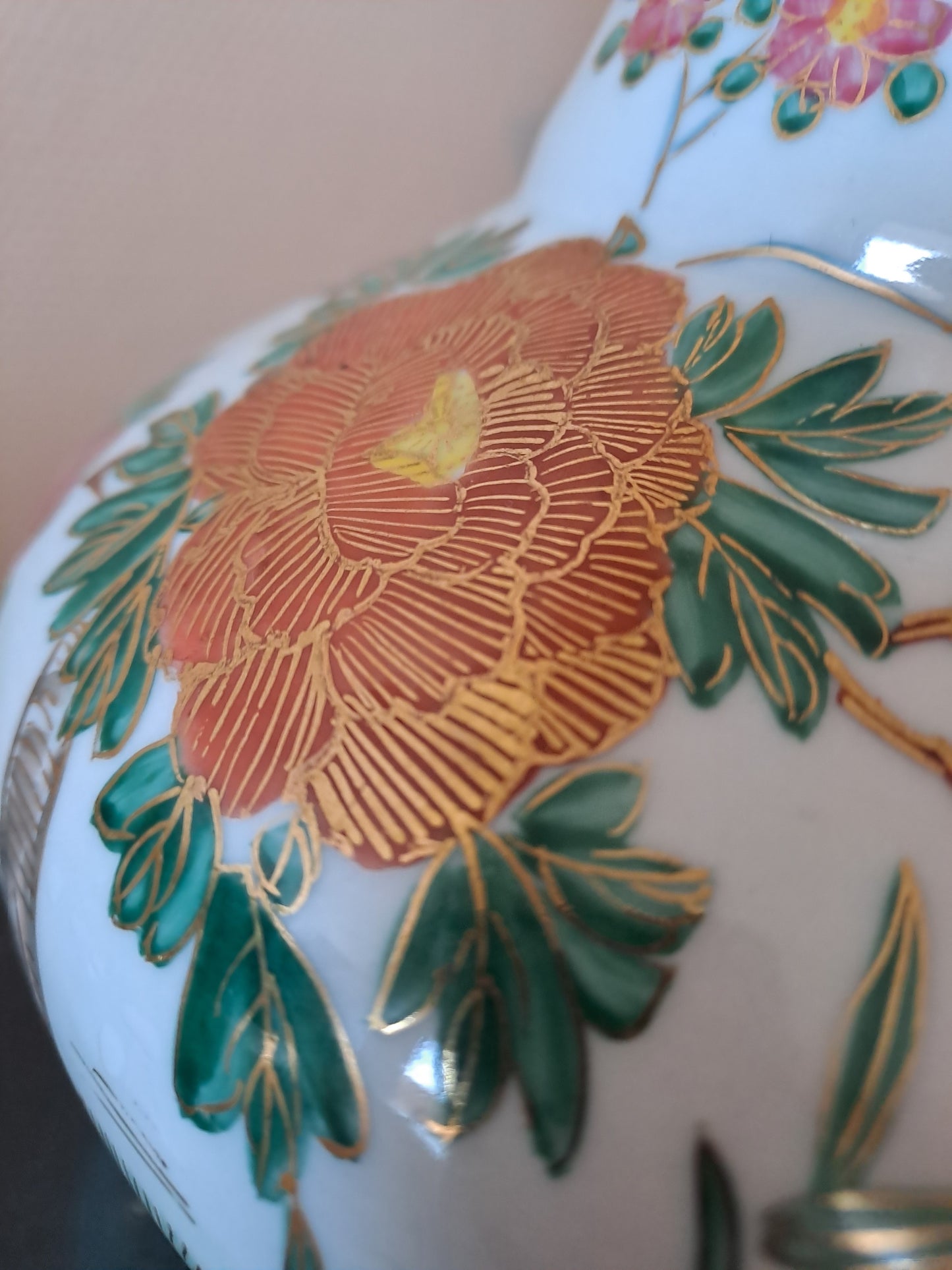 Pied De Lampe. Paon Cerisier Fleurs. Ceramique Craquelée. Asiatique.