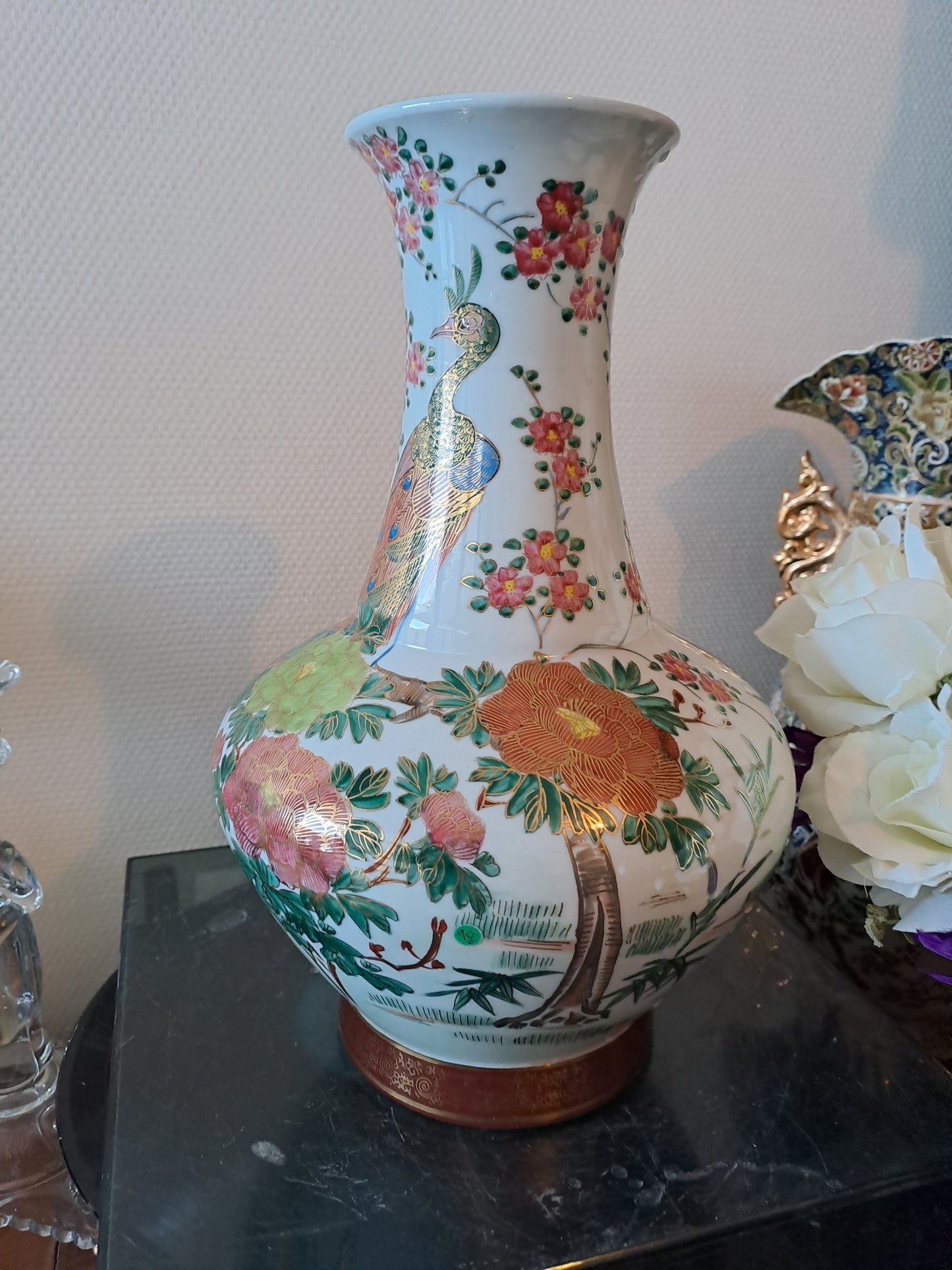 Pied De Lampe. Paon Cerisier Fleurs. Ceramique Craquelée. Asiatique.