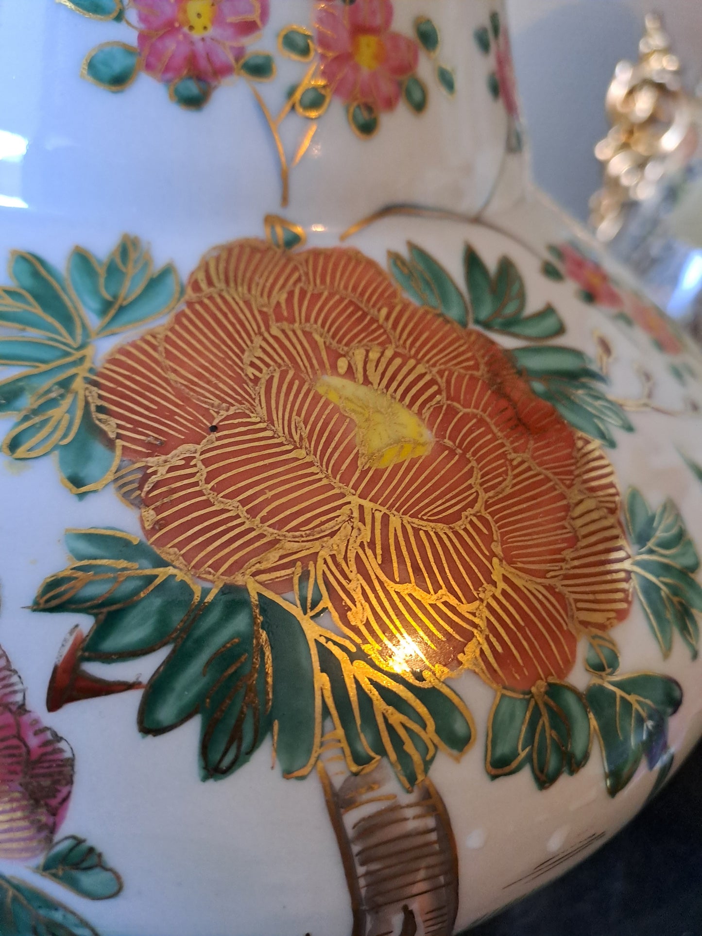 Pied De Lampe. Paon Cerisier Fleurs. Ceramique Craquelée. Asiatique.