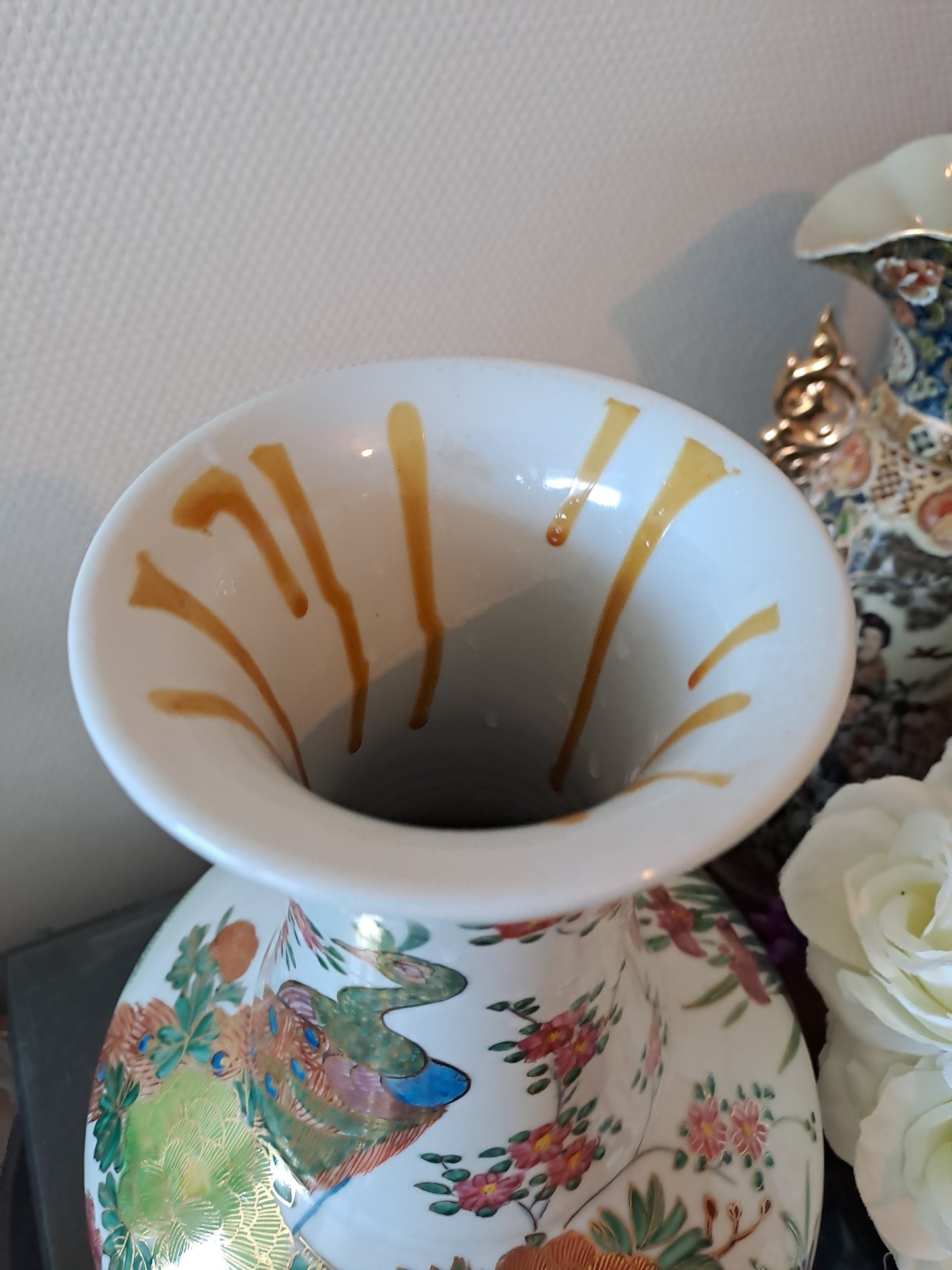 Pied De Lampe. Paon Cerisier Fleurs. Ceramique Craquelée. Asiatique.