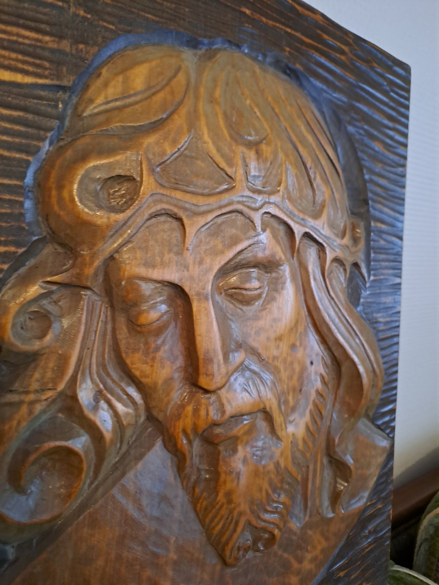 Christ À La Couronne D'épines. Imposant Cadre Bas-relief. Ancien decoration vintage catholique.
