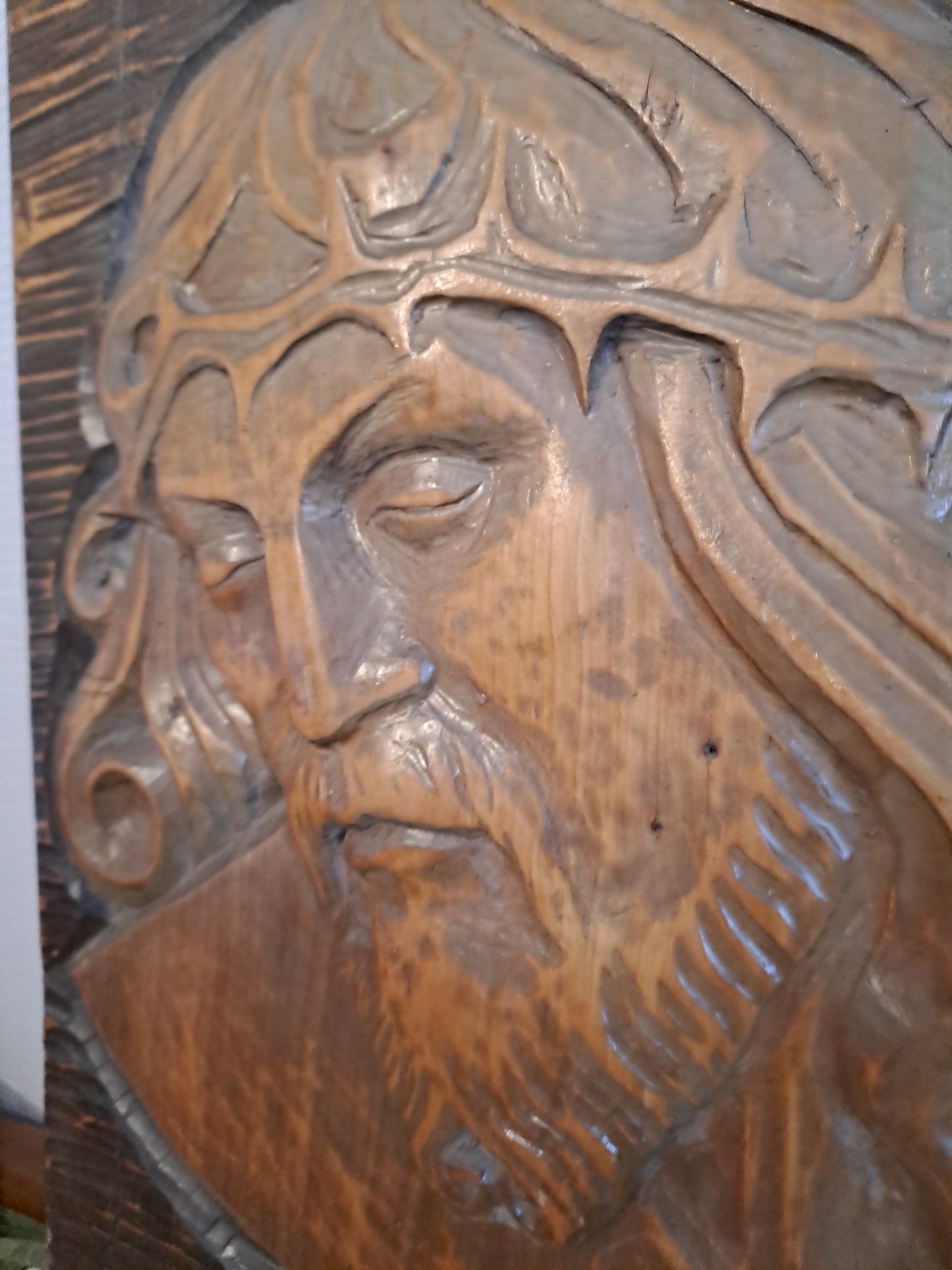 Christ À La Couronne D'épines. Imposant Cadre Bas-relief. Ancien decoration vintage catholique.