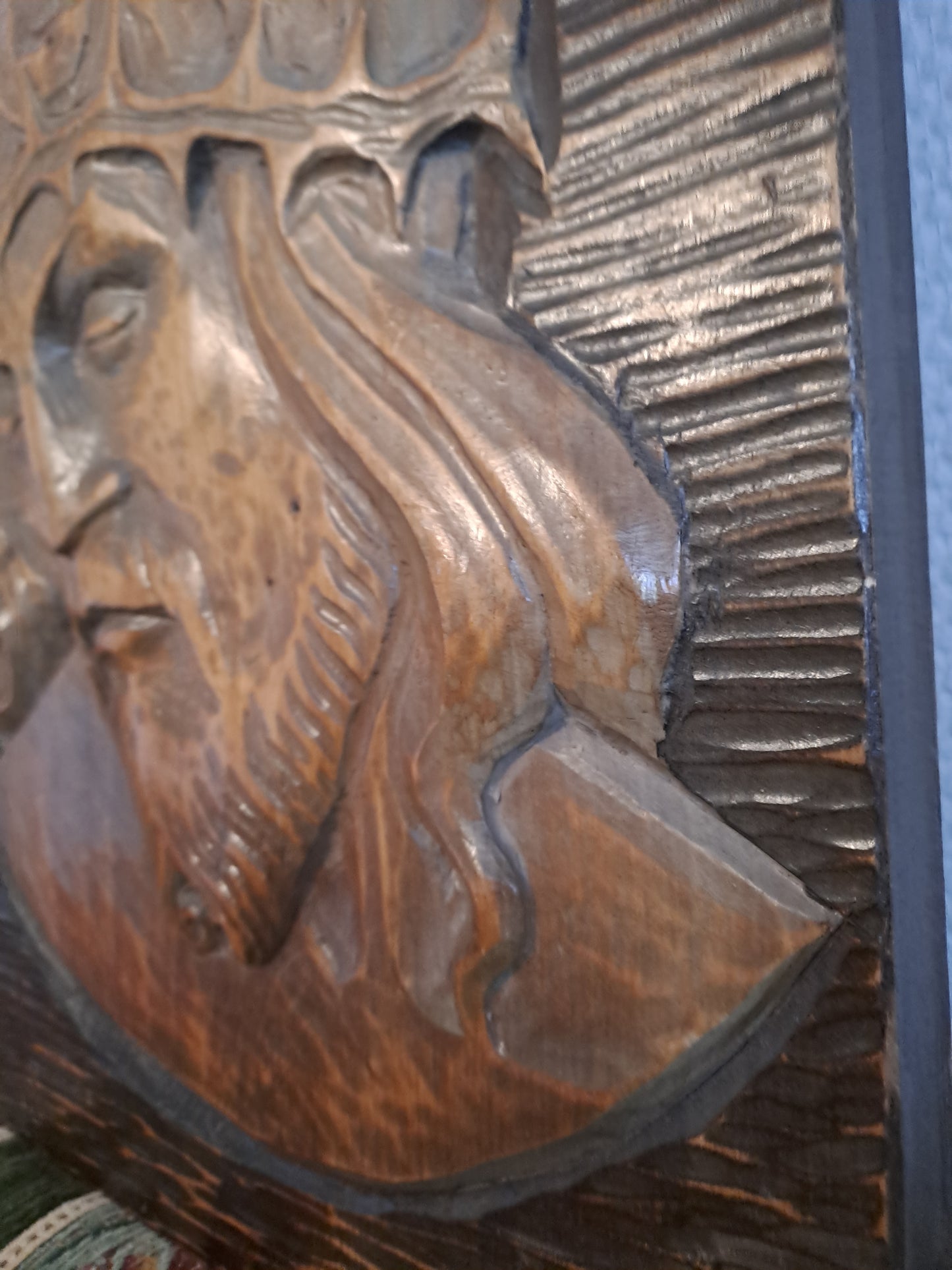 Christ À La Couronne D'épines. Imposant Cadre Bas-relief. Ancien decoration vintage catholique.