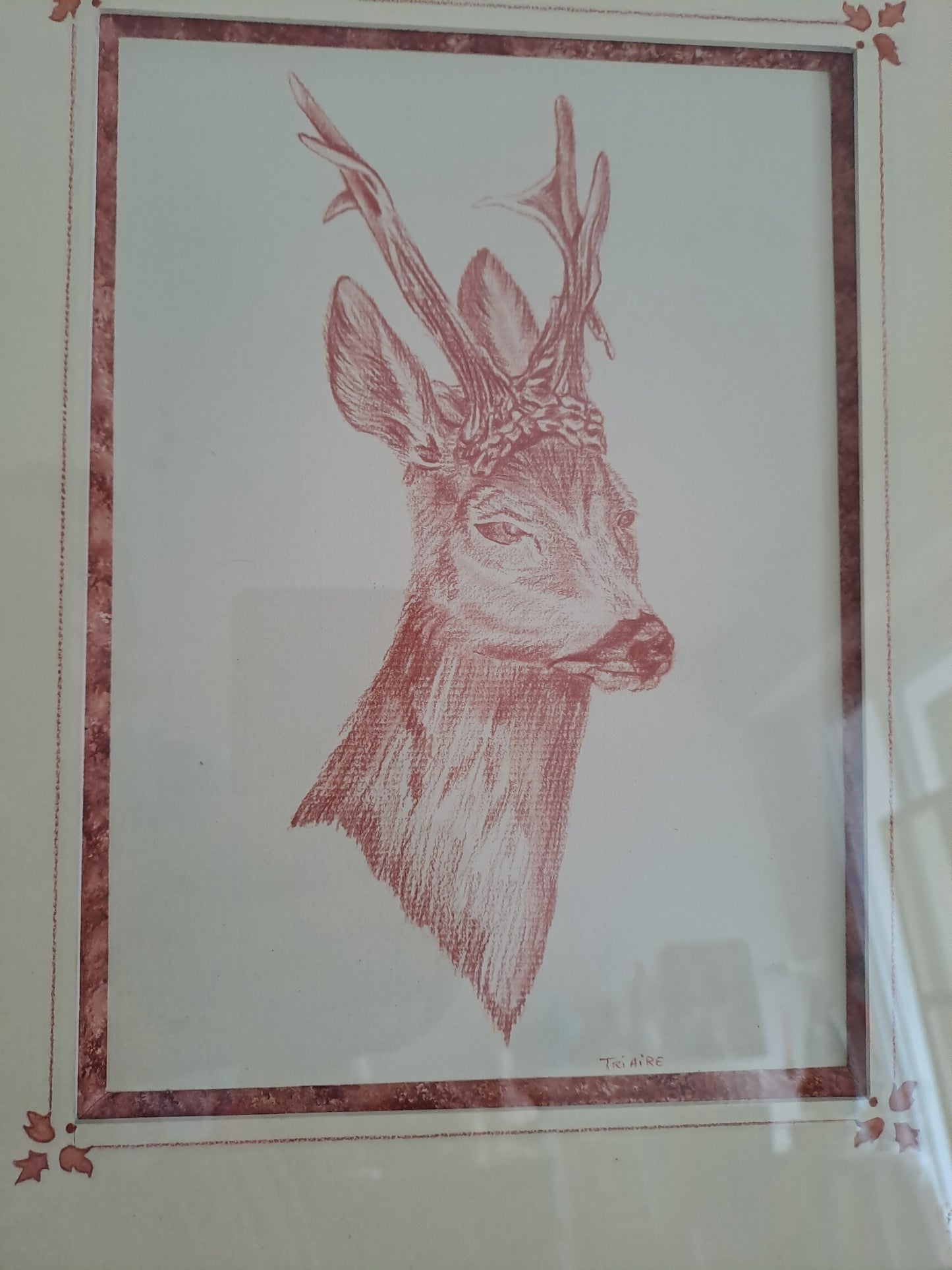 Cadre. Signé Triaire.Sanguine. Cerf/ Biche/ Chevreuil. 34X28 cm.