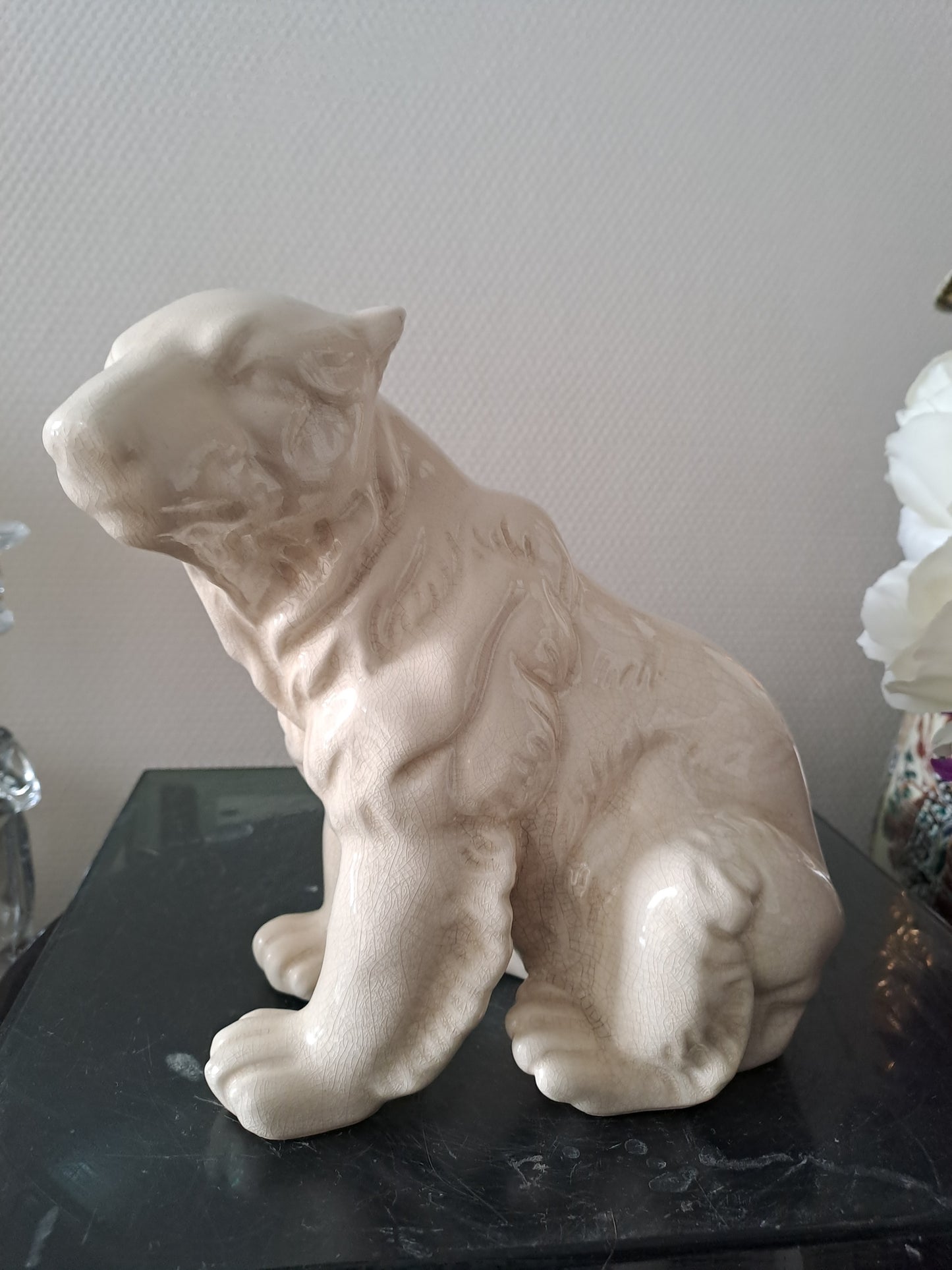 Ours Polaire Céramique Craquelée La Louvière. Estampillé L Et V Ceram. Ancien décoration vintage catholique