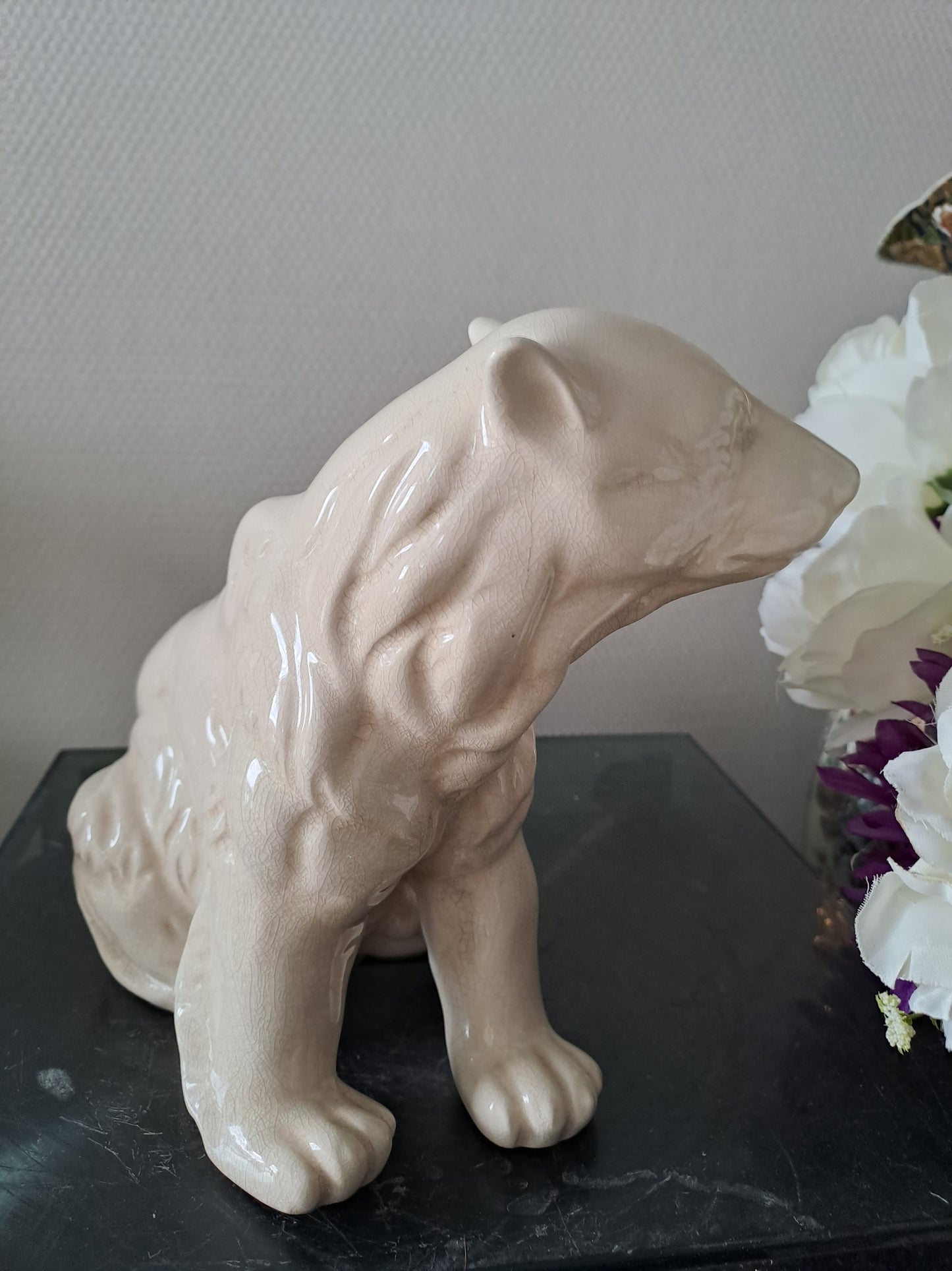 Ours Polaire Céramique Craquelée La Louvière. Estampillé L Et V Ceram. Ancien décoration vintage catholique